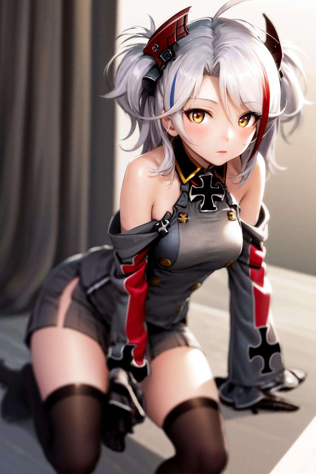 masterpiece, best quality, highres, 1girl little prinz eugen \(azur lane\) streaked hair short hair, bare shoulders iron cross skirt <lora:prinz_eugen:1> (photorealistic:1.4)