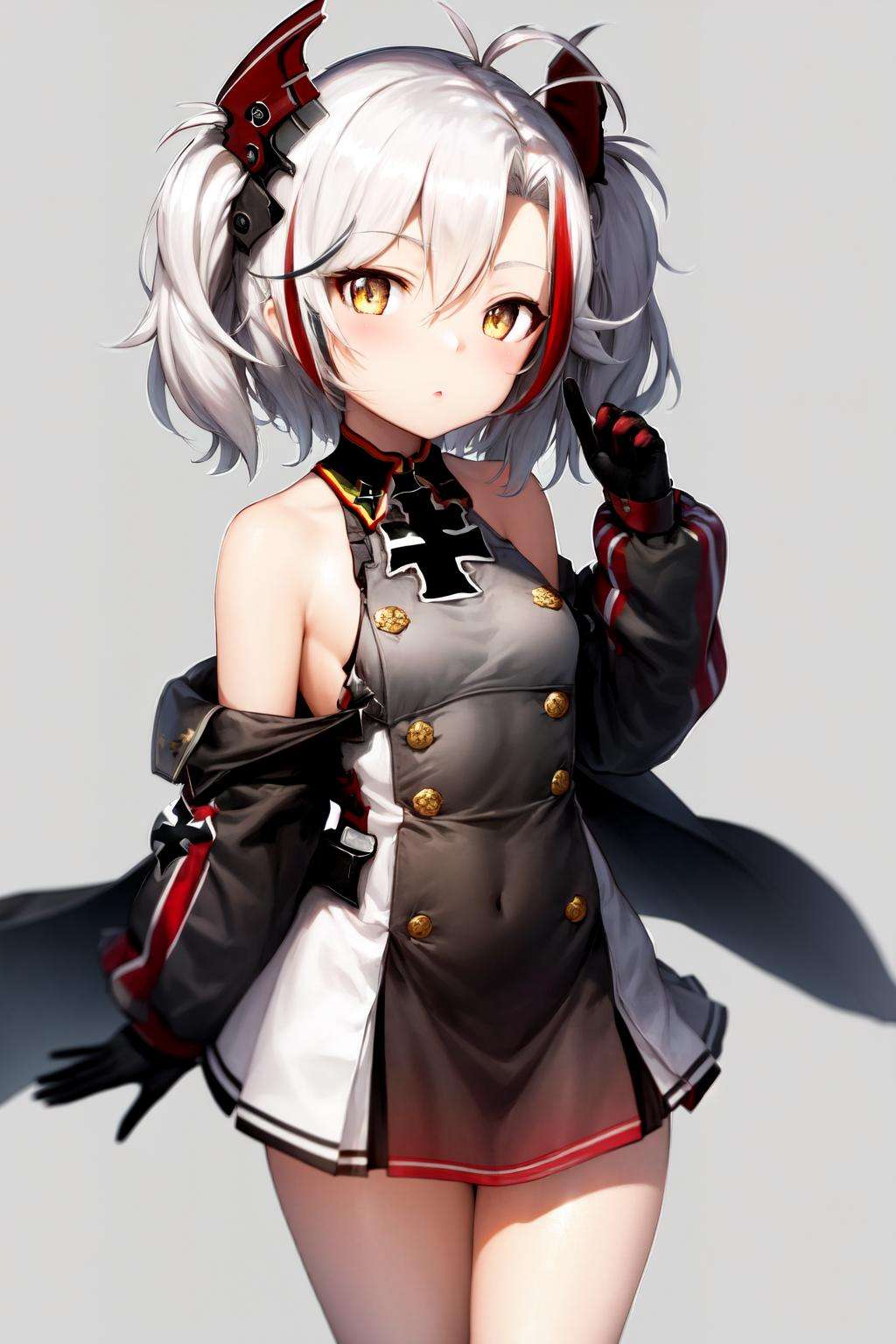 masterpiece, best quality, highres, 1girl little prinz eugen \(azur lane\) streaked hair short hair, bare shoulders iron cross skirt <lora:prinz_eugen:1>