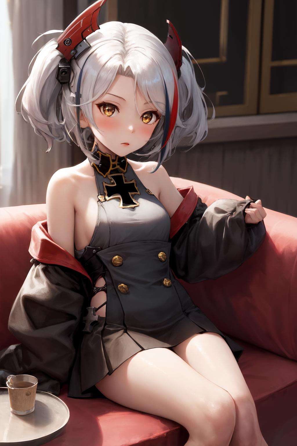 masterpiece, best quality, highres, 1girl little prinz eugen \(azur lane\) streaked hair short hair, bare shoulders iron cross black dress white skirt <lora:prinz_eugen:1> sitting indoors