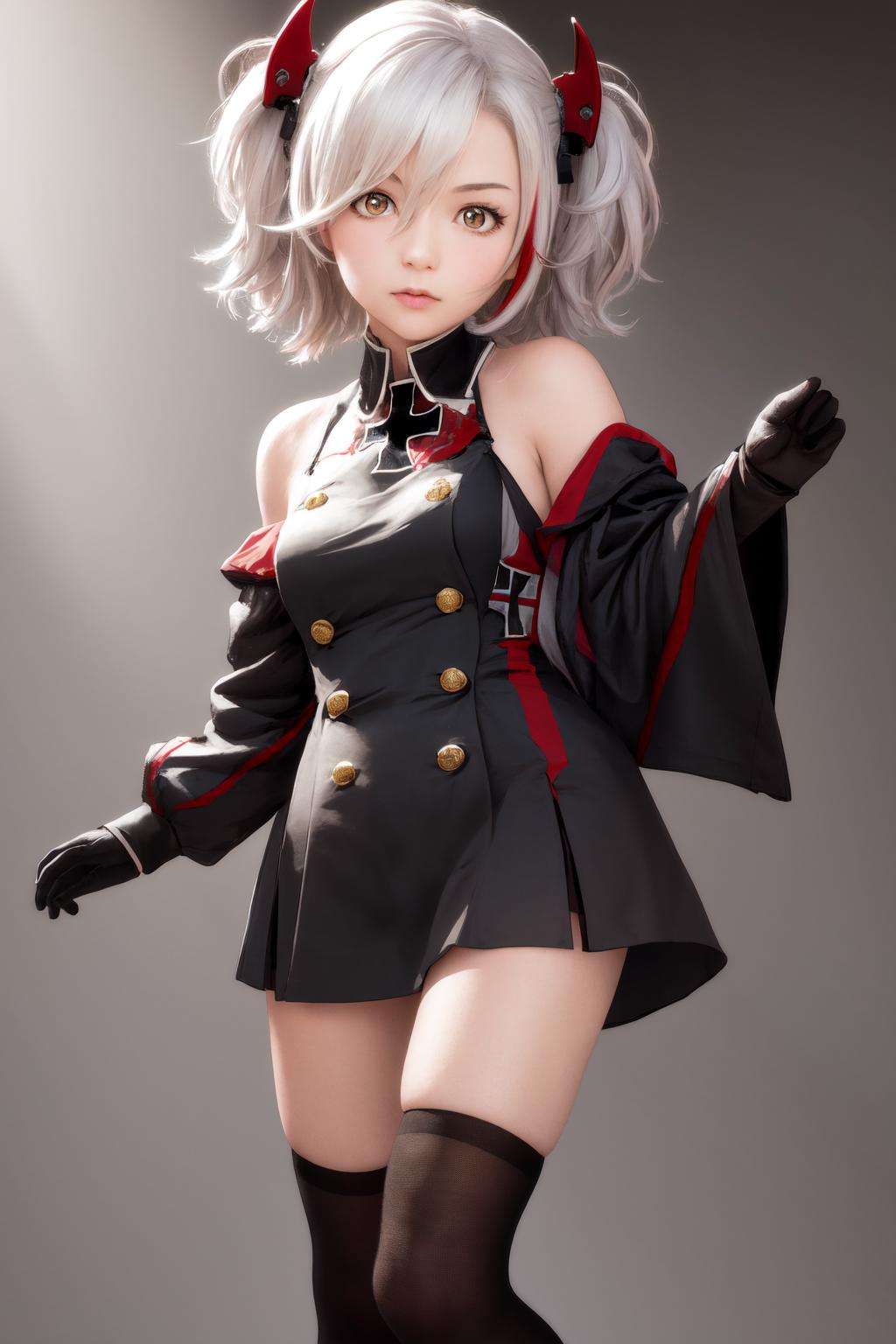 masterpiece, best quality, highres, 1girl little prinz eugen \(azur lane\) streaked hair short hair, bare shoulders iron cross skirt <lora:prinz_eugen:1> (photorealistic:1.4)