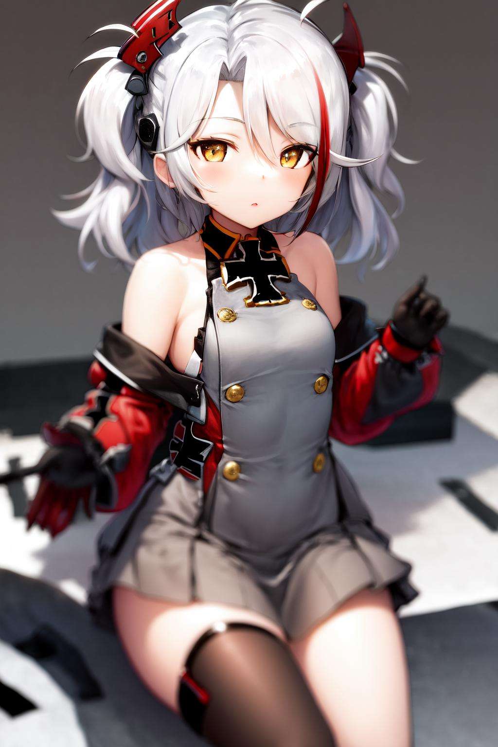 masterpiece, best quality, highres, 1girl little prinz eugen \(azur lane\) streaked hair short hair, bare shoulders iron cross skirt <lora:prinz_eugen:1>