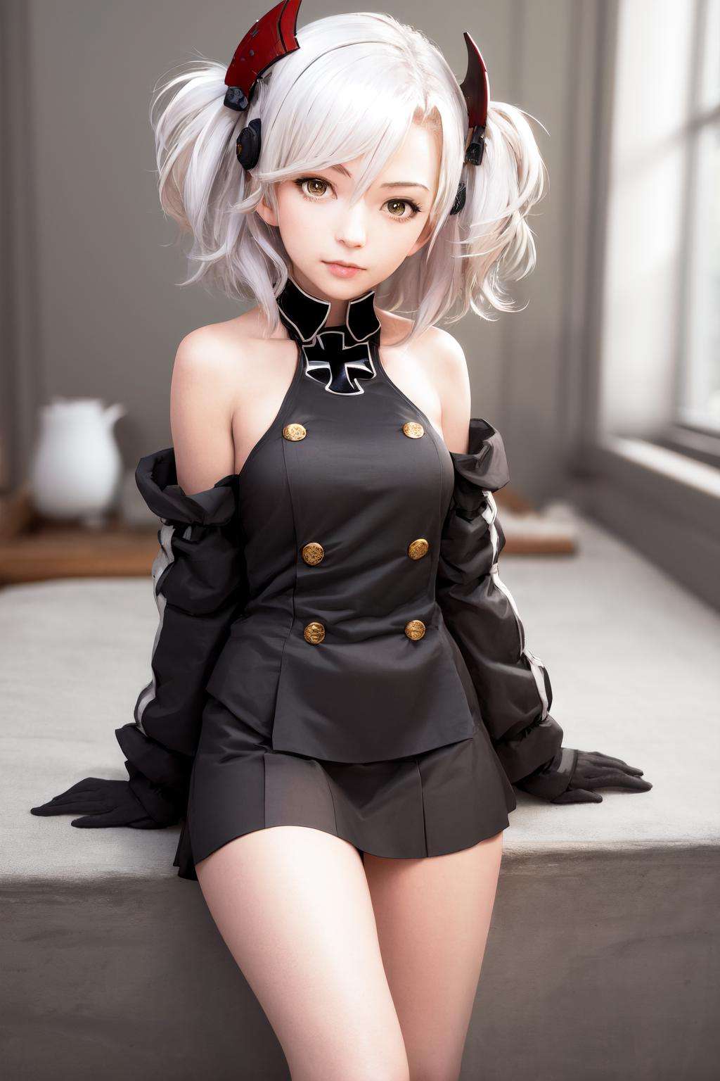 masterpiece, best quality, highres, 1girl little prinz eugen \(azur lane\) streaked hair short hair, bare shoulders iron cross skirt <lora:prinz_eugen:1> (photorealistic:1.4)