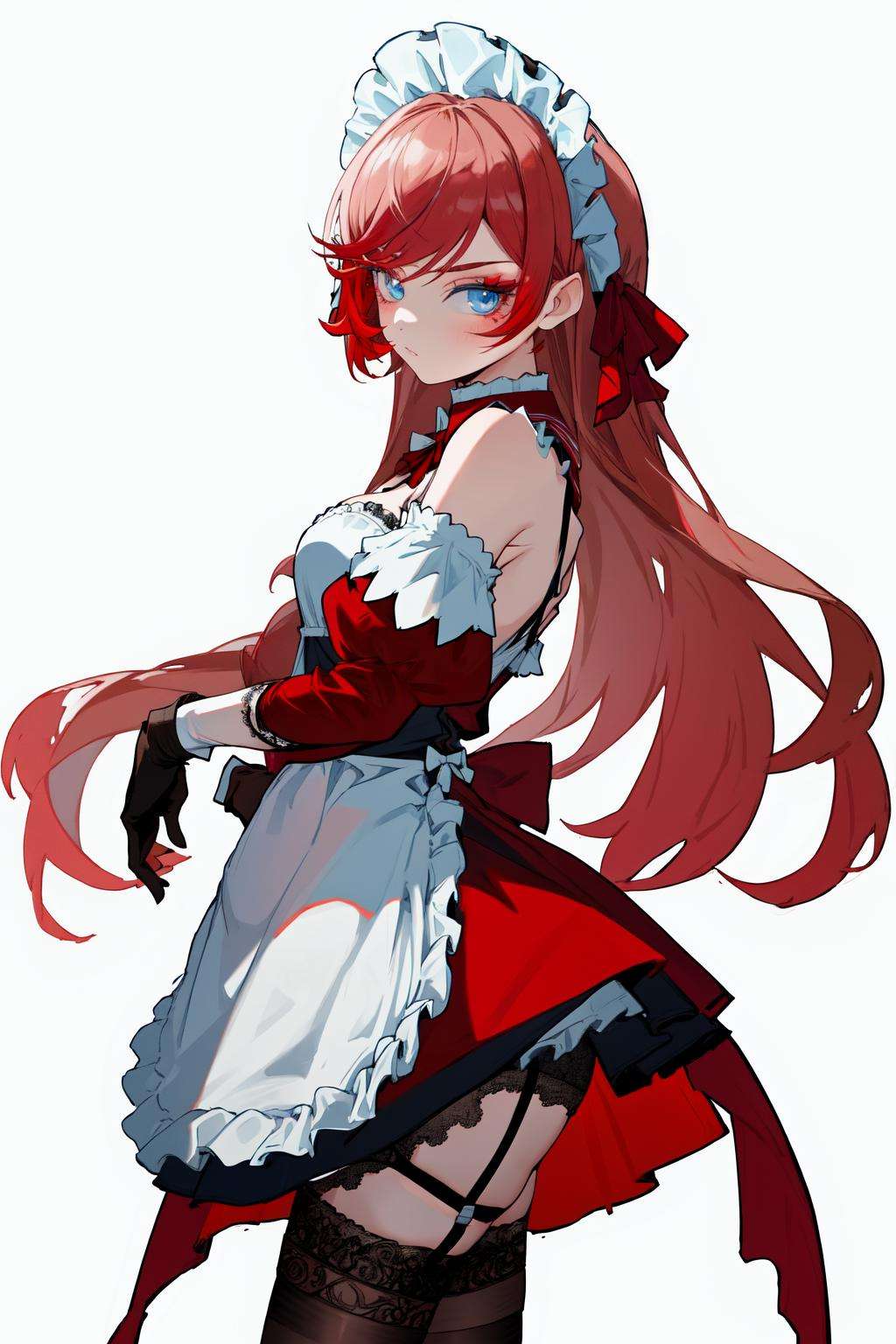 masterpiece, best quality, highres, 1girl red eyeshadow blue eyes makeup, hair ribbon maid headdress white apron detached collar bow frills detached sleeves black gloves black thighhighs lace-trimmed legwear garter straps red dress <lora:howe_pastry_princess:1> standing, from side, looking at viewer, simple background