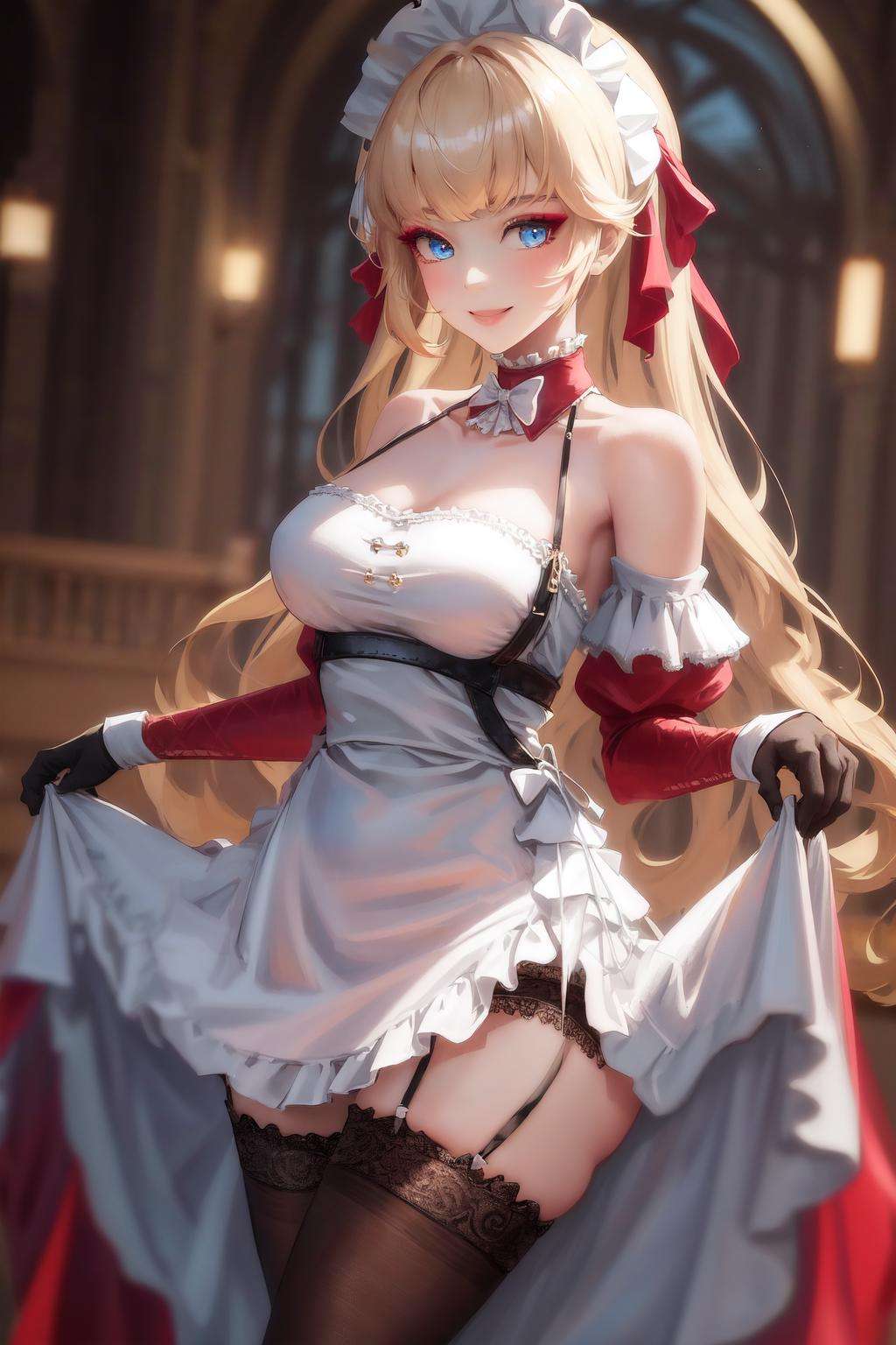 masterpiece, best quality, highres, 1girl red eyeshadow blue eyes makeup, hair ribbon maid headdress white apron detached collar bow frills detached sleeves black gloves black thighhighs lace-trimmed legwear garter straps red dress <lora:howe_pastry_princess:1> standing, skirt lift, looking at viewer, smile