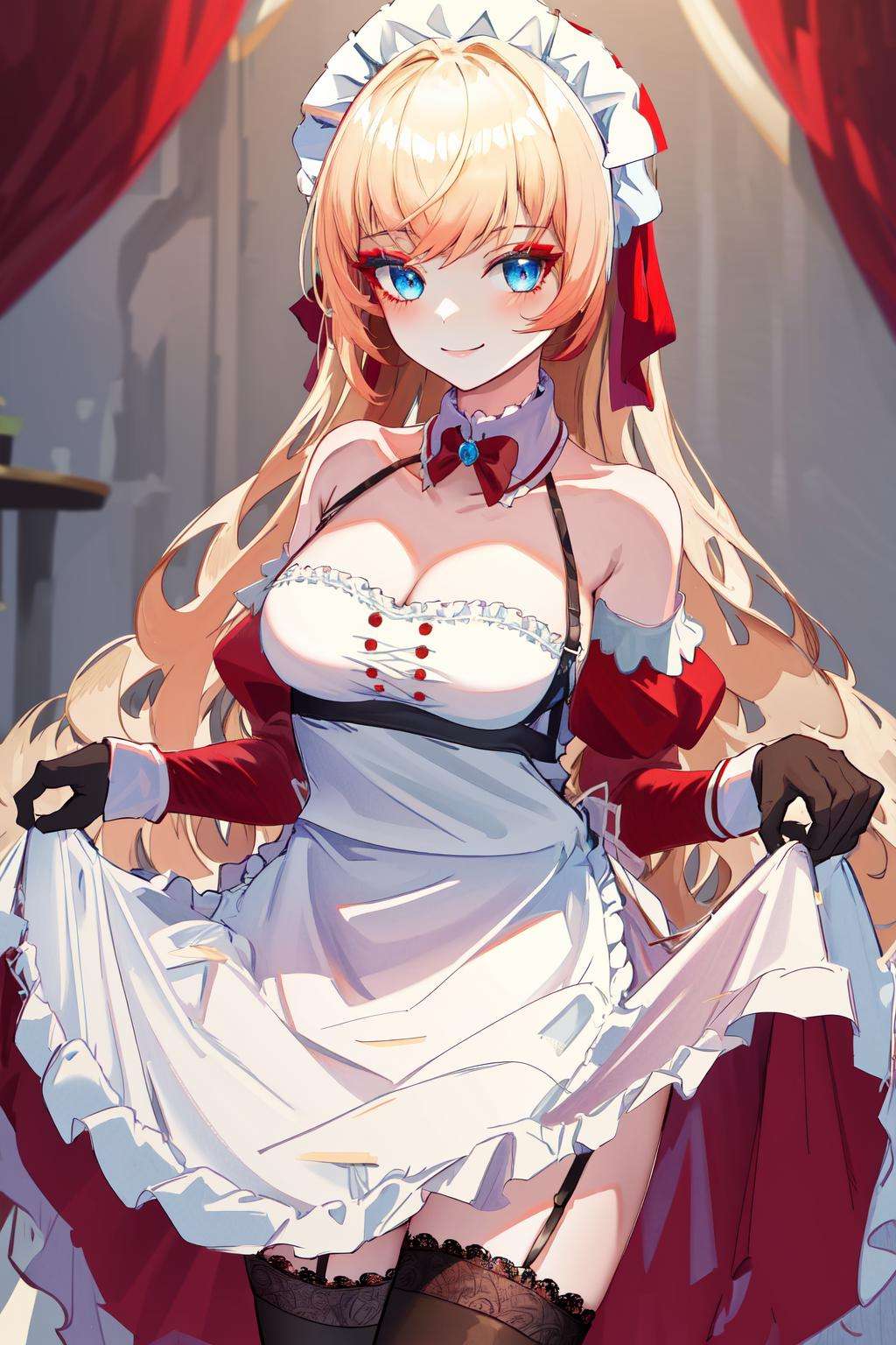 masterpiece, best quality, highres, 1girl red eyeshadow blue eyes makeup, hair ribbon maid headdress white apron detached collar bow frills detached sleeves black gloves black thighhighs lace-trimmed legwear garter straps red dress <lora:howe_pastry_princess:1> standing, skirt lift, looking at viewer, smile