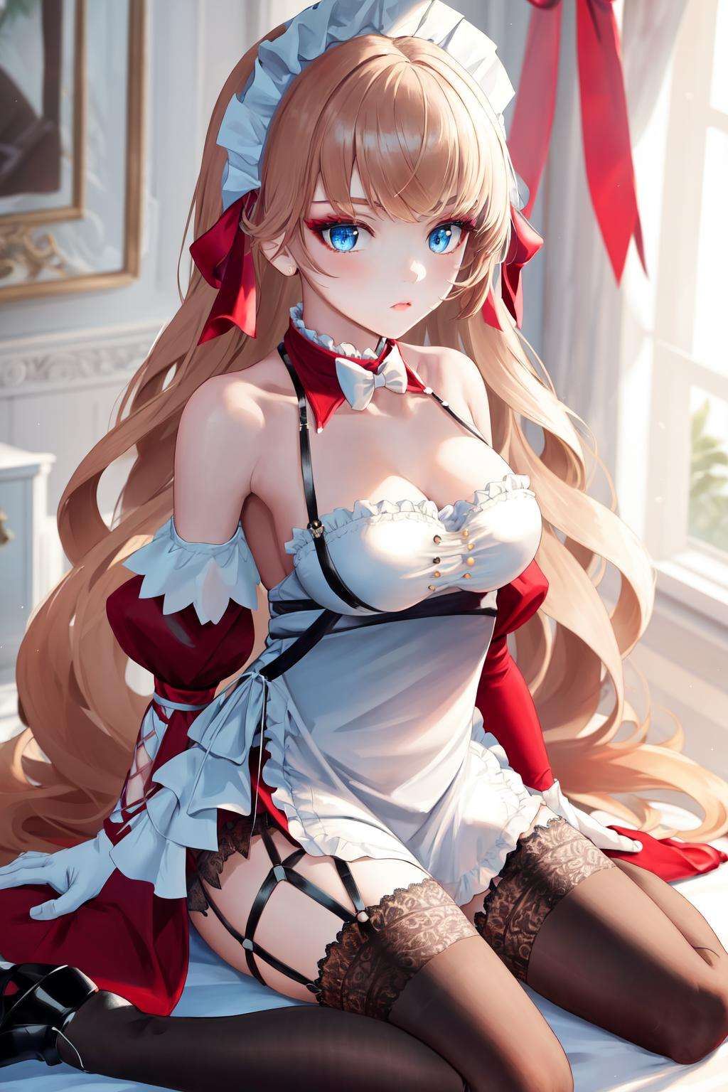 masterpiece, best quality, highres, 1girl red eyeshadow blue eyes makeup, hair ribbon maid headdress white apron detached collar bow frills detached sleeves black gloves black thighhighs lace-trimmed legwear garter straps red dress <lora:howe_pastry_princess:1> sitting, wariza, arm support