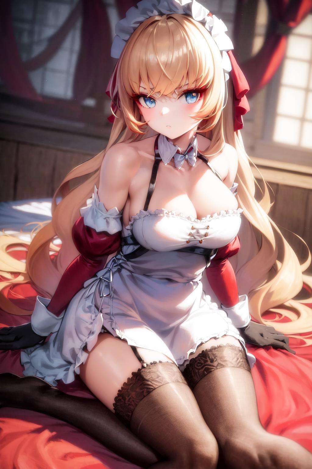 masterpiece, best quality, highres, 1girl red eyeshadow blue eyes makeup, hair ribbon maid headdress white apron detached collar bow frills detached sleeves black gloves black thighhighs lace-trimmed legwear garter straps red dress <lora:howe_pastry_princess:1>