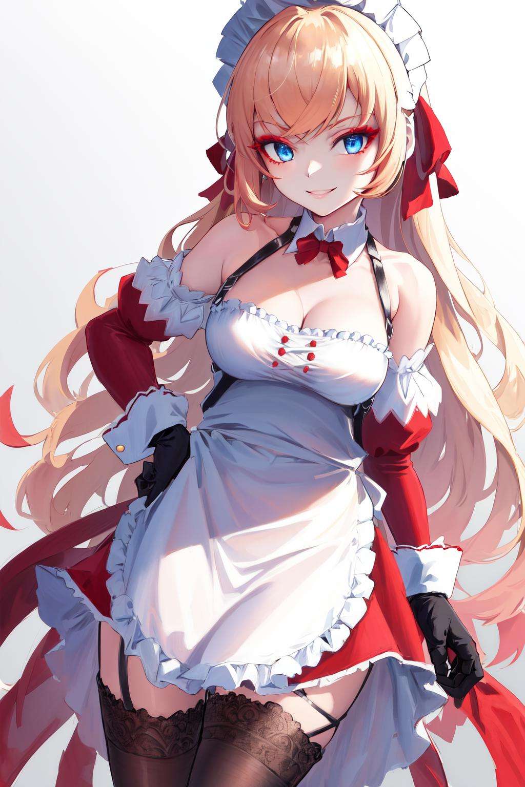 masterpiece, best quality, highres, 1girl red eyeshadow blue eyes makeup, hair ribbon maid headdress white apron detached collar bow frills detached sleeves black gloves black thighhighs lace-trimmed legwear garter straps red dress <lora:howe_pastry_princess:1> standing, hand on hip, smile