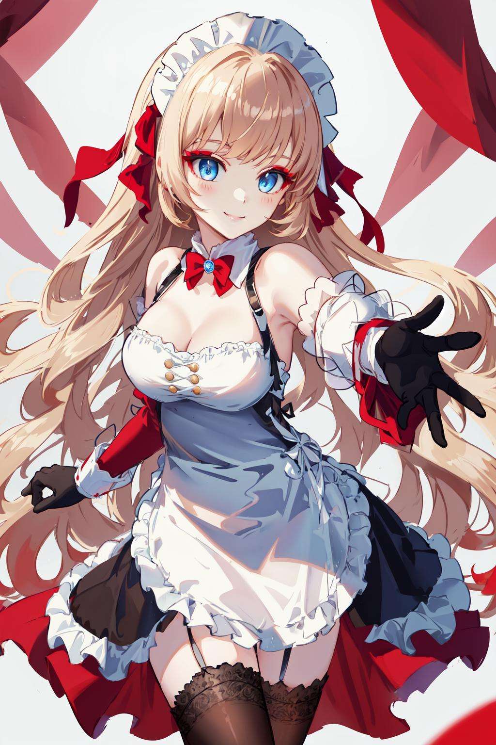 masterpiece, best quality, highres, 1girl red eyeshadow blue eyes makeup, hair ribbon maid headdress white apron detached collar bow frills detached sleeves black gloves black thighhighs lace-trimmed legwear garter straps red dress <lora:howe_pastry_princess:1> outstretched arms, reaching out, smile