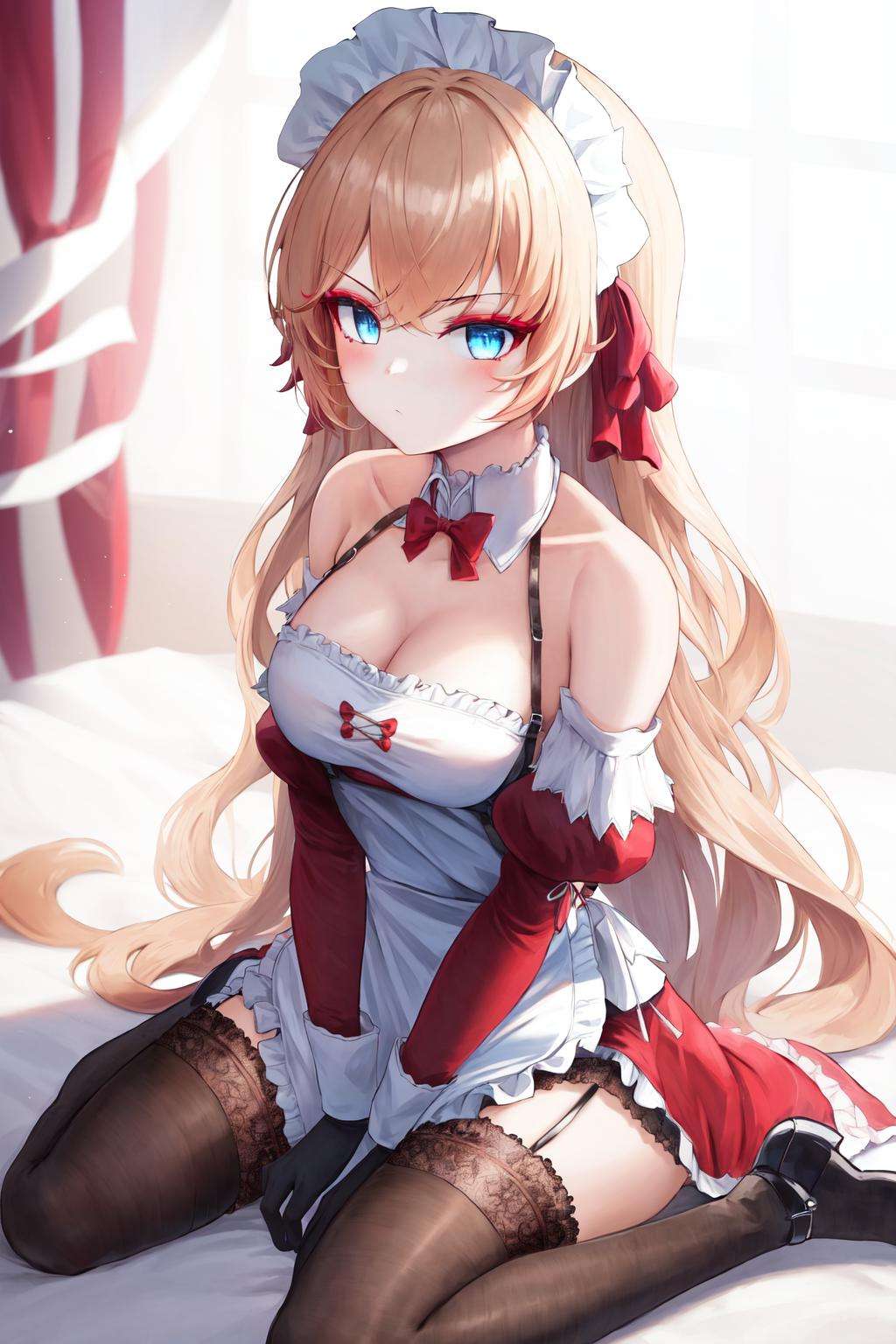 masterpiece, best quality, highres, 1girl red eyeshadow blue eyes makeup, hair ribbon maid headdress white apron detached collar bow frills detached sleeves black gloves black thighhighs lace-trimmed legwear garter straps red dress <lora:howe_pastry_princess:1> sitting, wariza