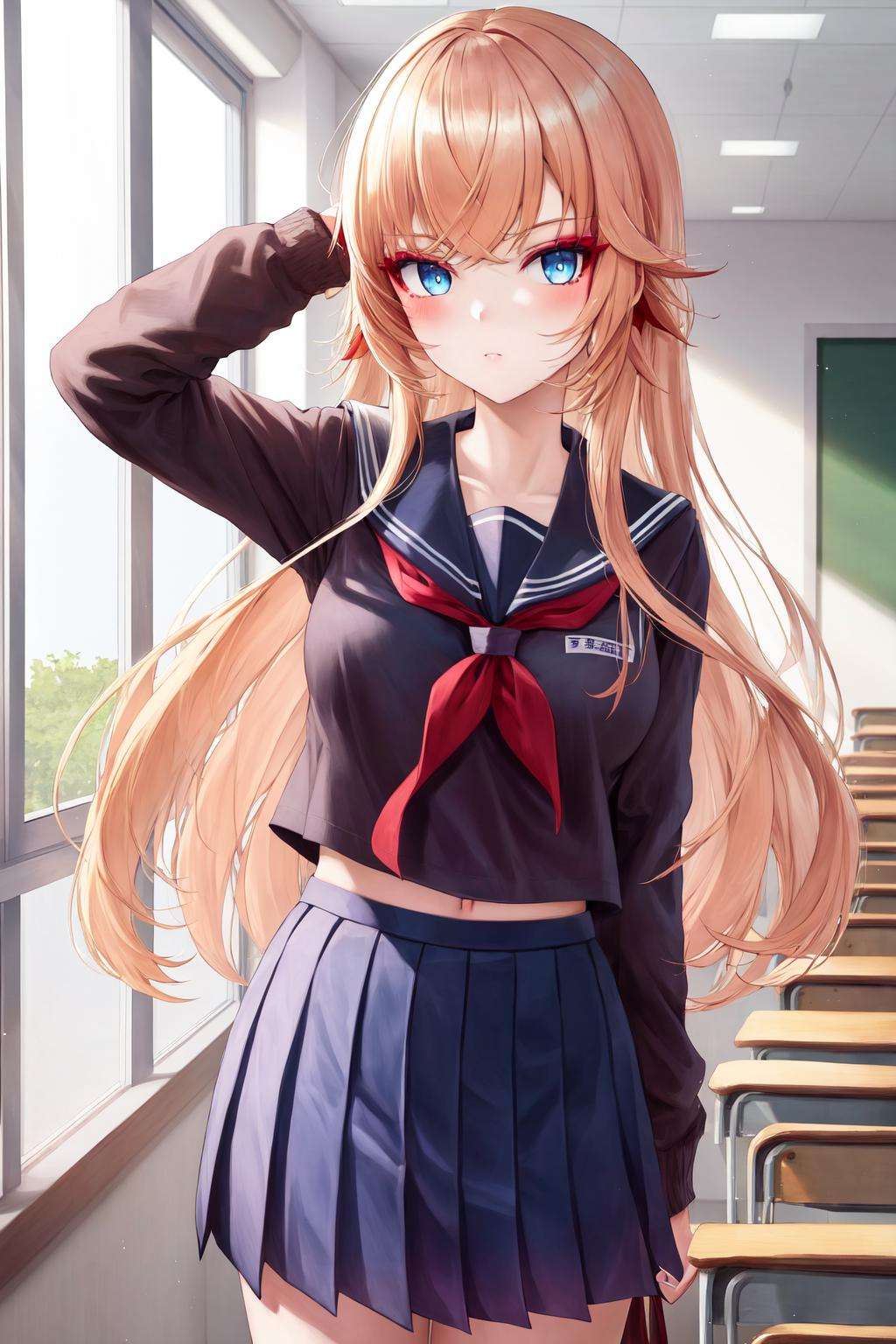 masterpiece, best quality, highres, 1girl red eyeshadow blue eyes makeup <lora:howe_pastry_princess_no_outfit:1> serafuku, school uniform, pleated skirt