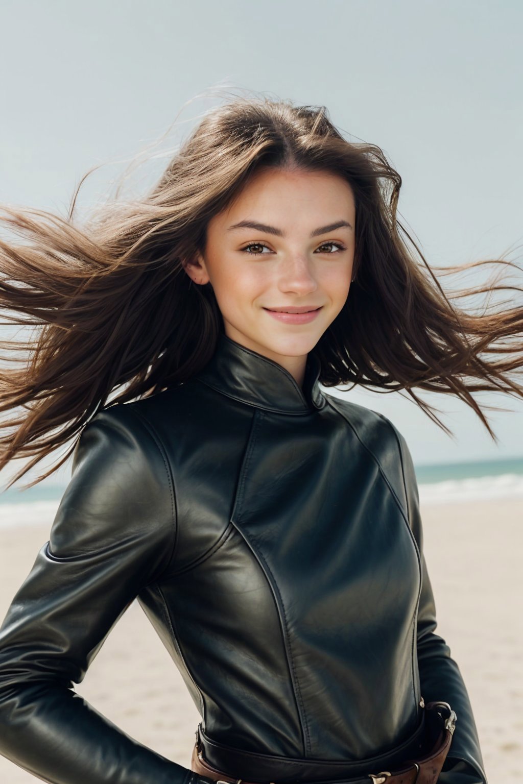 portrait photo of <lora:SavannahRaeDemers_v1:1> SavannahRaeDemers, focus on smiling face, wearing leather armor , her hair is styled as wind-swept hair,