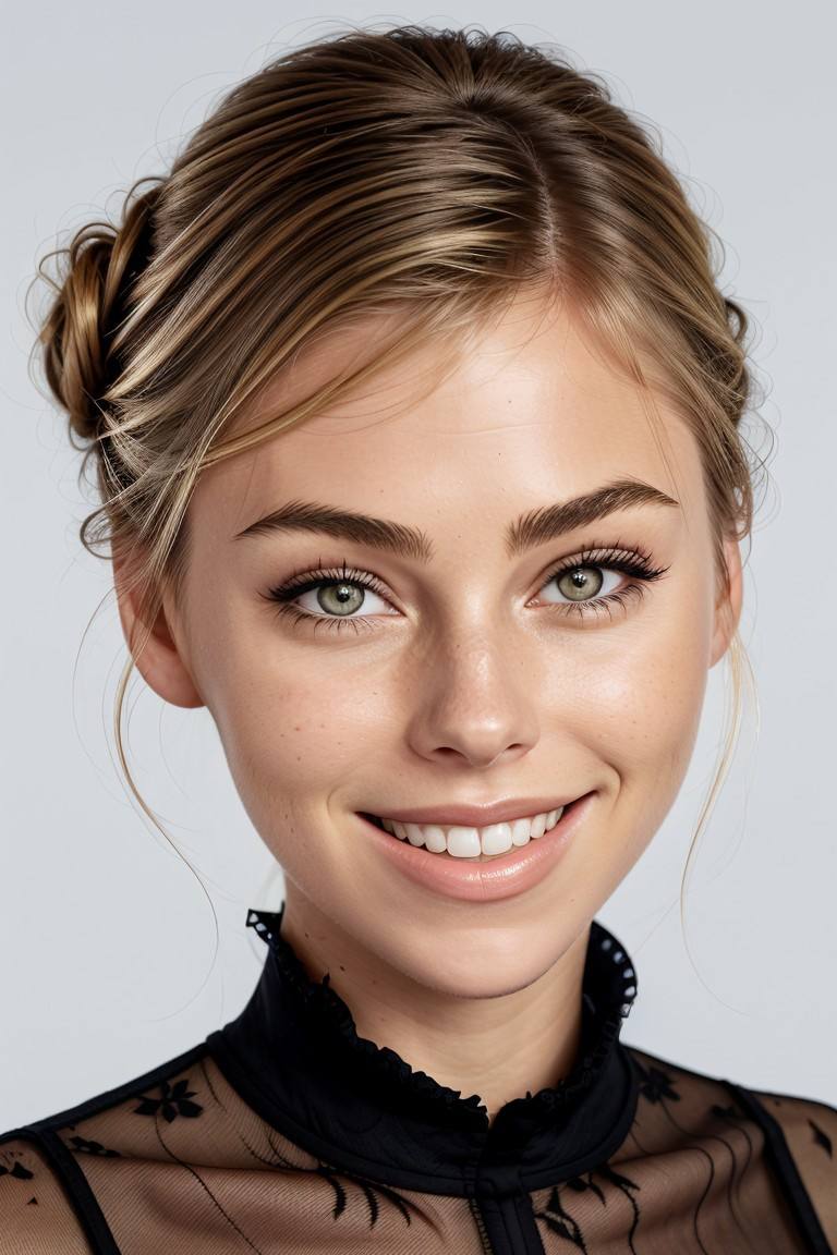 photo of <lora:sd15_ElizabethTurner_mini_v1:.9> ElizabethTurner, focus on eyes, close up on face, huge smile, hair styled french fishtail updo,