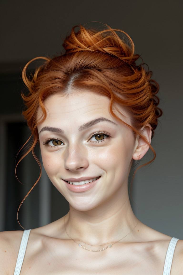 photo of <lora:sd15_SavannahRaeDemers_v2:.9> SavannahRaeDemers, focus on eyes, close up on face, smiling, salmon-orange color hair styled Curly Twisted Updo,