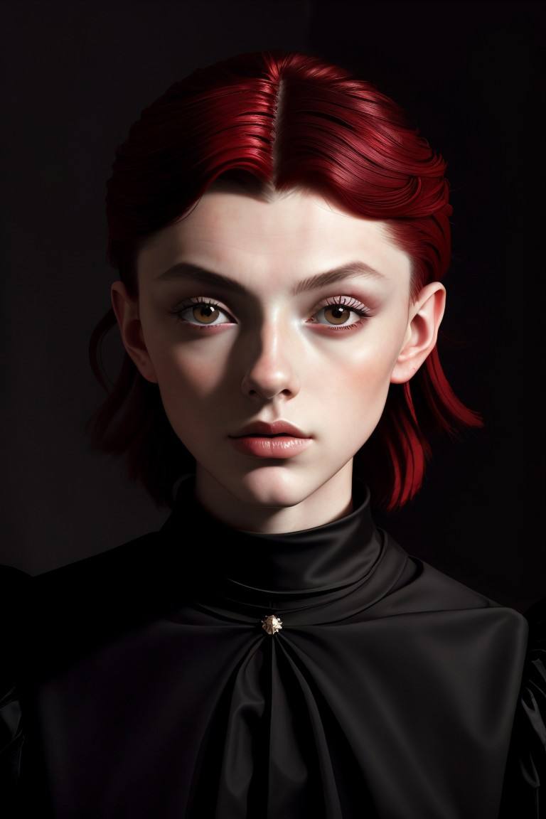 (tenebrist painting, high contrast, dramatic lighting, Caravaggio style:1.15), <lora:sd15_SavannahRaeDemers_v2:.9> SavannahRaeDemers, focus on eyes, close up on face, red color hair styled Straight and Sleek,