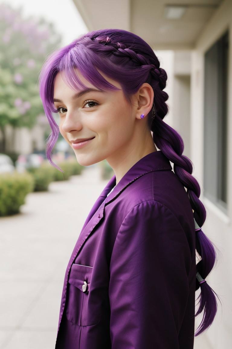 headshot photo of <lora:sd15_SavannahRaeDemers_v2:.9> SavannahRaeDemers, focus on smiling face, side view wearing cosplay clothing , her lavender magenta color hair is styled as french braided bangs,