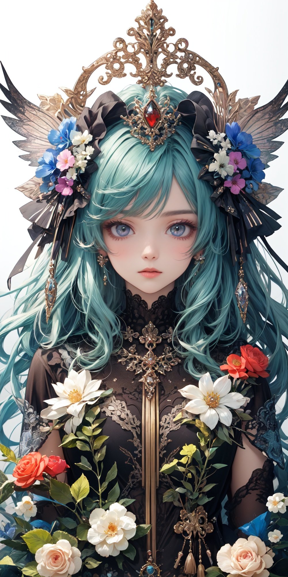 (official art, unity 8k wallpaper, ultra detailed, High quality, best quality),  (zentangle,  mandala,  order,  entangle:0.6), (green black), flat color, limited palette, low contrast, (1girl:1.5), solo, lingerie, long straight blue hair, equinox flower,  (green pigment:1.33), (hollow eyes:1.), (expressionless eyes:1.3), Expressionless expression, gazelle, flower, bj_Alice, Detail, <lora:EMS-1715-EMS:0.100000>, , <lora:EMS-3217-EMS:0.200000>, , <lora:EMS-26397-EMS:0.800000>, , <lora:EMS-21533-EMS:0.800000>