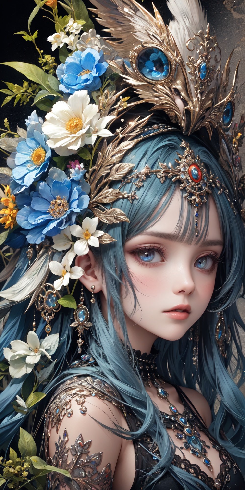 (official art, unity 8k wallpaper, ultra detailed, High quality, best quality),  (zentangle,  mandala,  order,  entangle:0.6), (green black), flat color, limited palette, low contrast, (1girl:1.5), solo, lingerie, long straight blue hair, equinox flower,  (green pigment:1.33), (hollow eyes:1.), (expressionless eyes:1.3), Expressionless expression, gazelle, flower, bj_Alice, Detail, <lora:EMS-26397-EMS:0.800000>, , <lora:EMS-21533-EMS:0.800000>, , <lora:EMS-1715-EMS:0.100000>, , <lora:EMS-3217-EMS:0.200000>