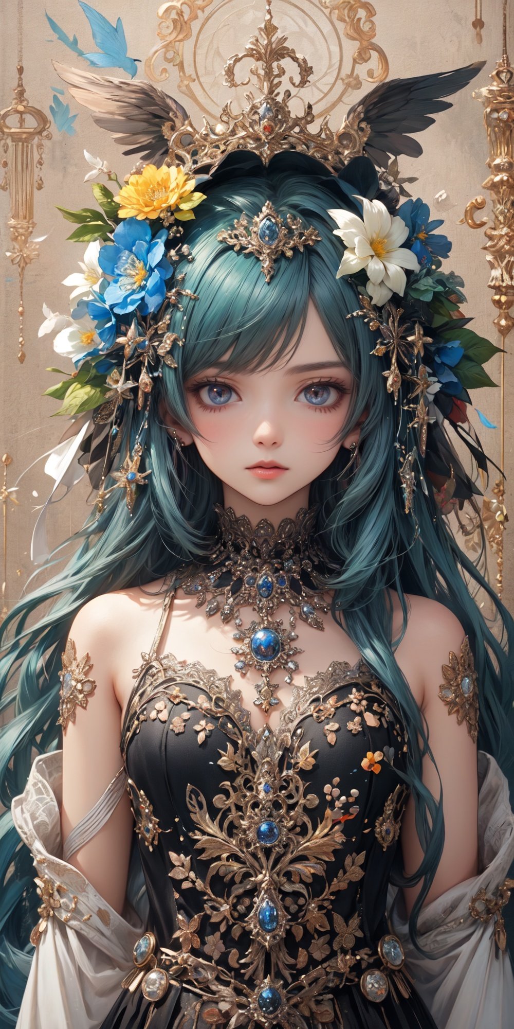 (official art, unity 8k wallpaper, ultra detailed, High quality, best quality),  (zentangle,  mandala,  order,  entangle:0.6), (green black), flat color, limited palette, low contrast, (1girl:1.5), solo, lingerie, long straight blue hair, equinox flower,  (green pigment:1.33), (hollow eyes:1.), (expressionless eyes:1.3), Expressionless expression, gazelle, flower, bj_Alice, Detail, <lora:EMS-1715-EMS:0.100000>, , <lora:EMS-3217-EMS:0.200000>, , <lora:EMS-26397-EMS:0.800000>, , <lora:EMS-21533-EMS:0.800000>