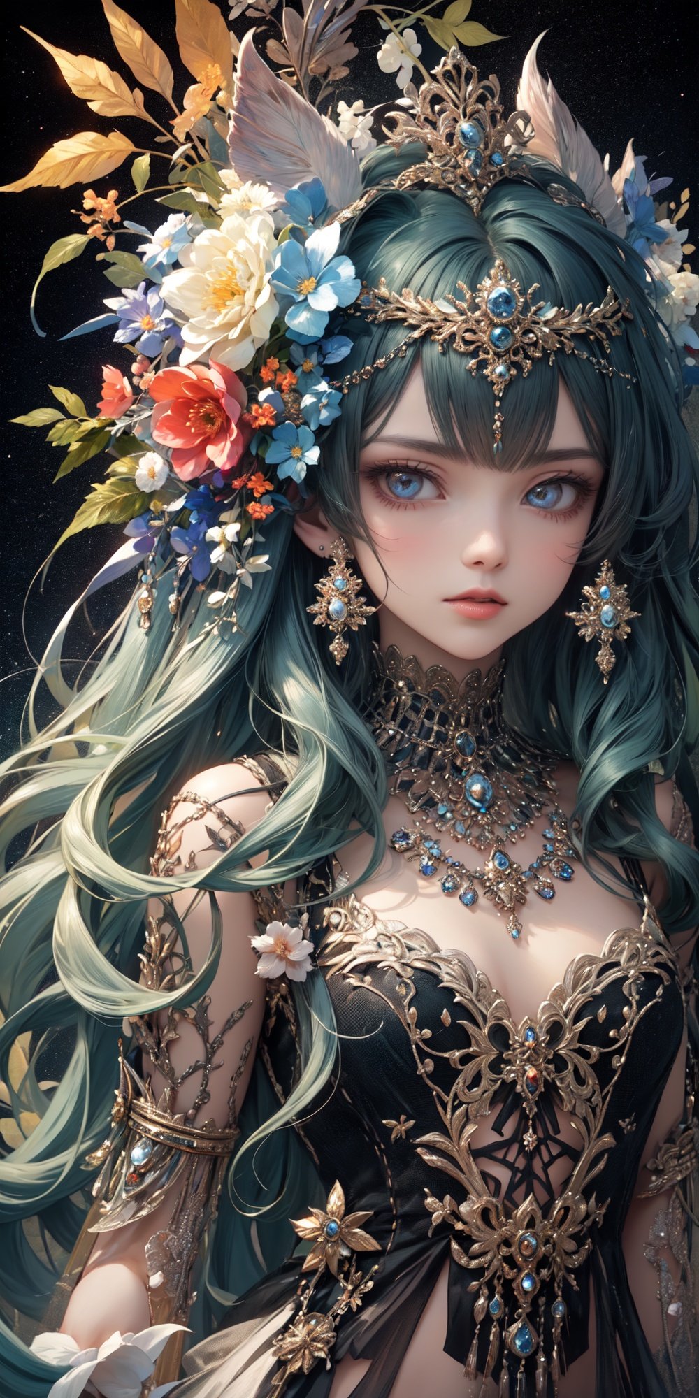 (official art, unity 8k wallpaper, ultra detailed, High quality, best quality),  (zentangle,  mandala,  order,  entangle:0.6), (green black), flat color, limited palette, low contrast, (1girl:1.5), solo, lingerie, long straight blue hair, equinox flower,  (green pigment:1.33), (hollow eyes:1.), (expressionless eyes:1.3), Expressionless expression, gazelle, flower, bj_Alice, Detail, <lora:EMS-26397-EMS:0.800000>, , <lora:EMS-21533-EMS:0.800000>, , <lora:EMS-1715-EMS:0.100000>, , <lora:EMS-3217-EMS:0.200000>