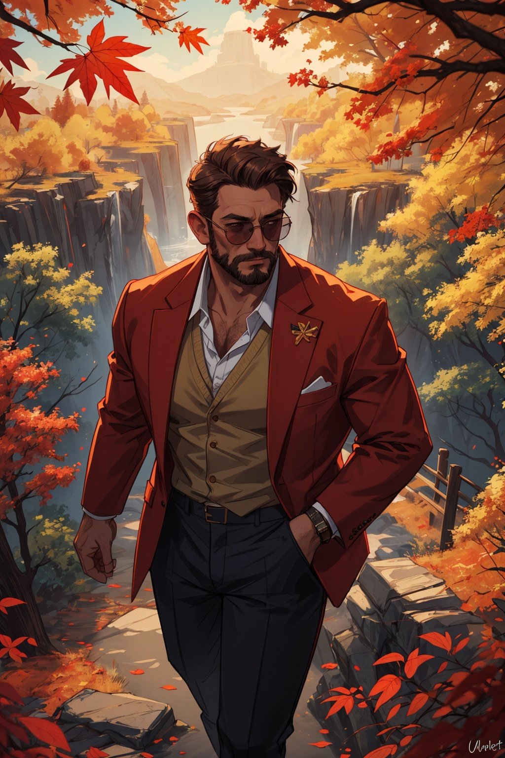 masterpiece,best quality,highres,4k,from above,1man,stubble,muscular,Mongolia,50 years old,suit pants,A colorful autumn landscape, with trees adorned in vibrant shades of red, orange, and gold.,volume light,depth of field,