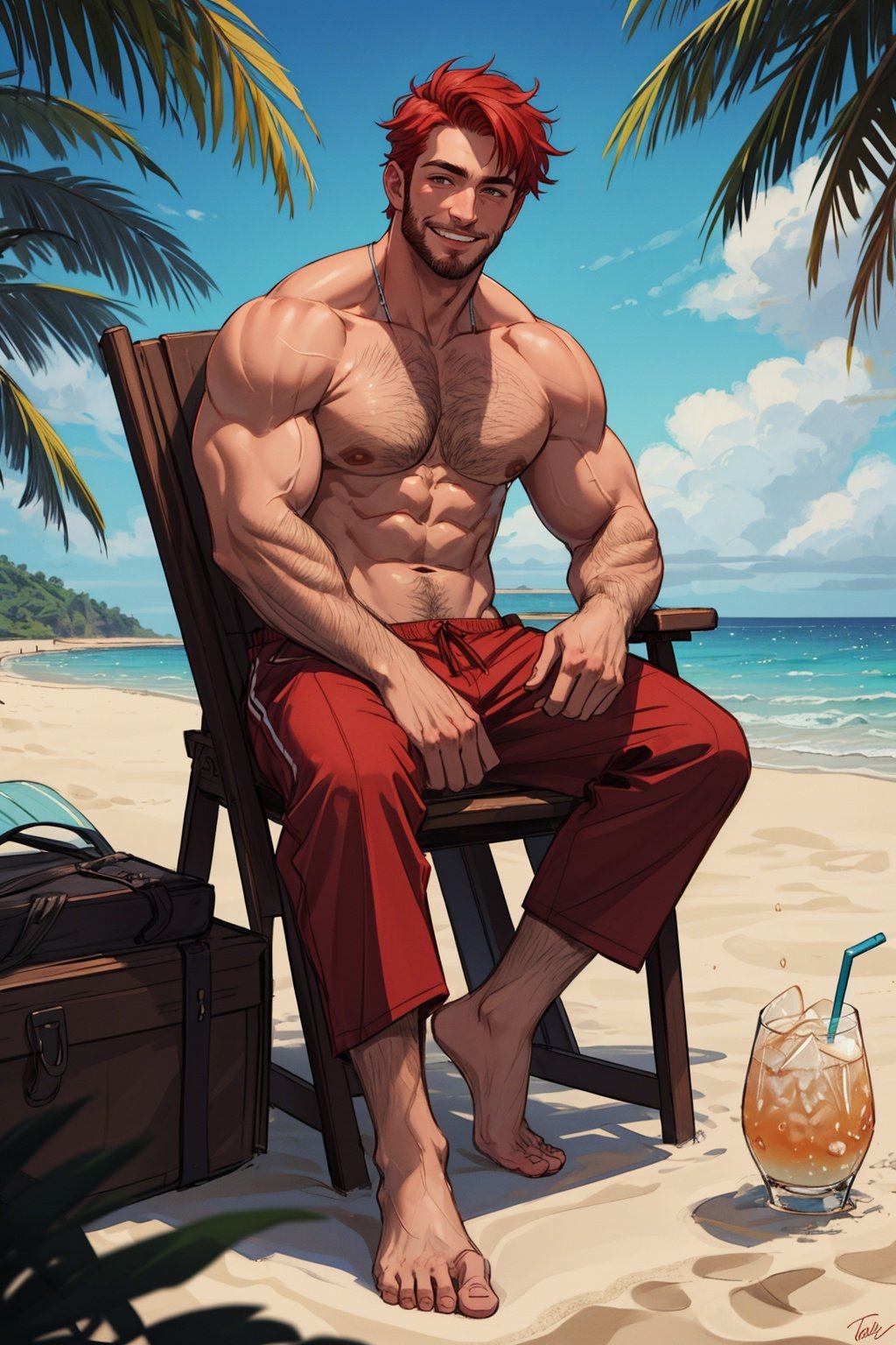 masterpiece,best quality,highres,4k,1boy,50 years old,sitting,red hair,full body,drink,cozy,hairy,light smile,beach,beach,barefoot,stubble,chair,muscular male,volume light,detailed background,