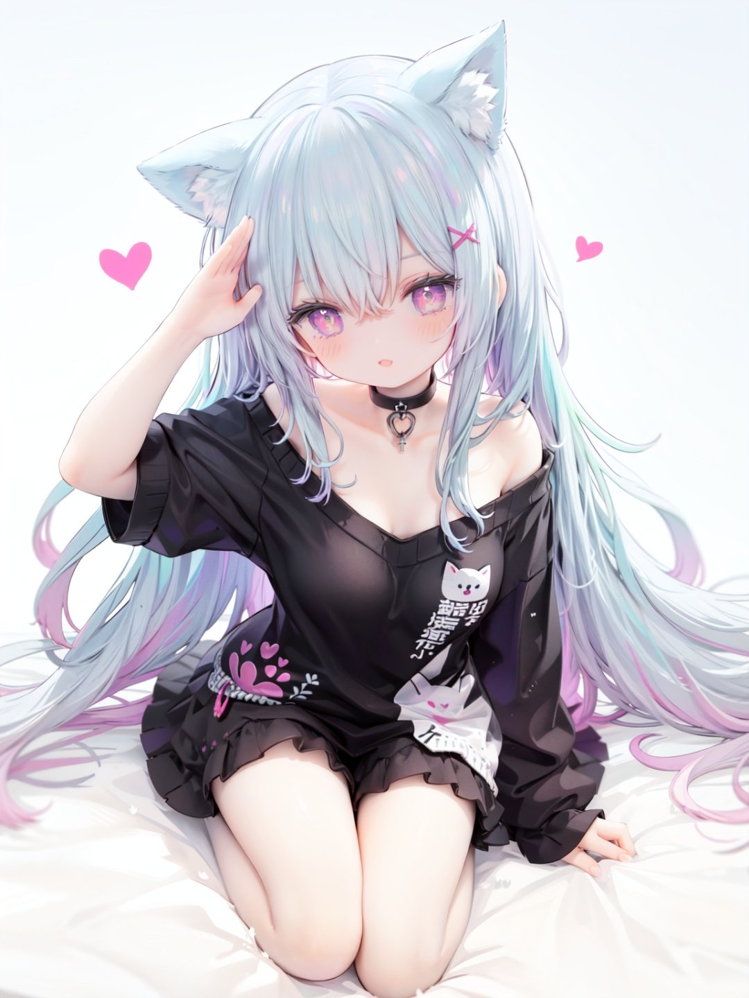 petite, loli, solo, animal ears, heart, puffy short sleeves, blue hair, long hair, off shoulder, bangs, hair ornament, gradient background,rainbow gradient, x hair ornament, animal ear fluff, looking at viewer, very long hair, blush, smile, cat ears, bare shoulders, collarbone, hand up, gradient sweater, hair between eyes, symbol-shaped pupils, arm up, heart-shaped pupils, hairclip, medium breasts, salute, bare legs,full body