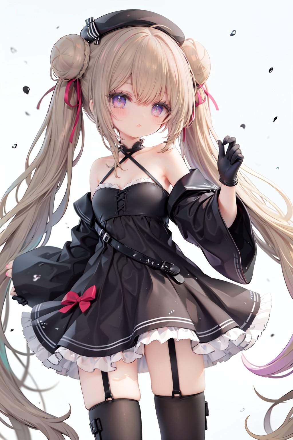 1girl, dress, double bun, hair bun, long hair, black dress, twintails, looking at viewer, smile, hat, bangs, brown hair, white background, solo, open mouth, blush, black headwear, very long hair, garter straps, thighhighs, bare shoulders, beret, :d, ribbon, black gloves, simple background, long sleeves, nail polish, black footwear, red ribbon, bow, gloves, wide sleeves, animal, hair ribbon, boots, red nails, sheath, sheathed, hair between eyes