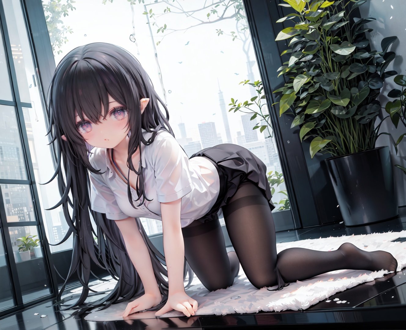 masterpiece, ((best quality)), (ultra-detailed), (illustration), an extremely delicate and beautiful, dynamic angle, chromatic aberration,((Medium shot)), ((colorful)),1girl, pantyhose, black hair, pointy ears, long hair, solo, skirt, shirt, all fours, purple eyes, white shirt, looking at viewer, black pantyhose, black skirt, short sleeves, no shoes, underwear, panties, tentacles, bangs, thighband pantyhose, indoors, blush, panties under pantyhose, full body, tree, hair between eyes, wet