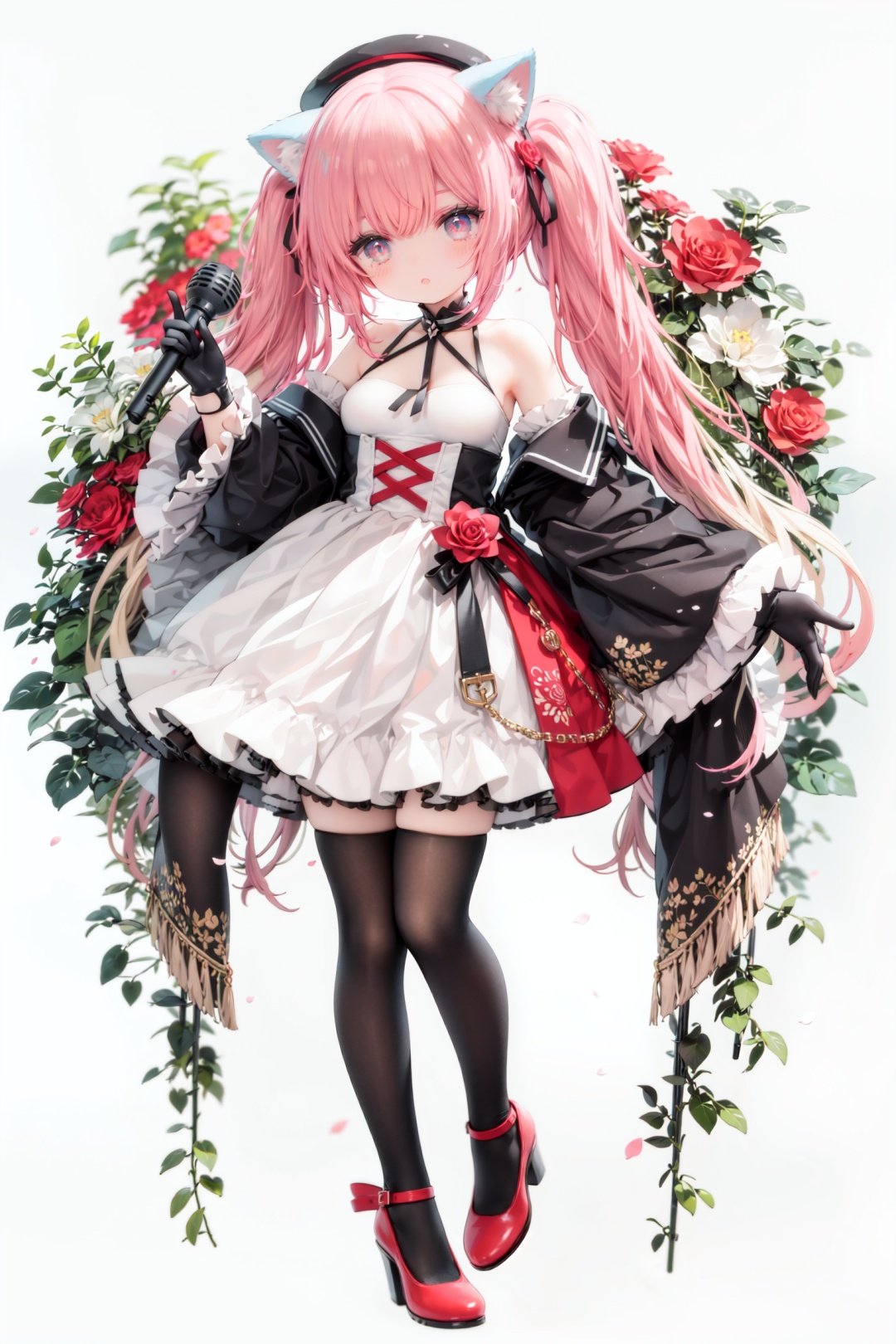 masterpiece, ((best quality)),  dynamic angle, chromatic aberration, ((colorful)),1girl, solo, flower, thighhighs, white thighhighs, gloves, red footwear, long hair, detached sleeves, animal ears, rose, blonde hair, looking at viewer, full body, hat, high heels, petals, dress, standing, twintails, wide sleeves, holding, shoes, frills, red flower, cat ears, bangs, microphone, long sleeves, white flower, hair ornament, white gloves, zettai ryouiki, bare shoulders, pink eyes, frilled dress, small breasts, breasts, closed mouth, skirt, beret, white headwear, very long hair, red eyes, red rose, white dress, blush, ribbon, black gloves, animal ear fluff, hair flower, pink flower