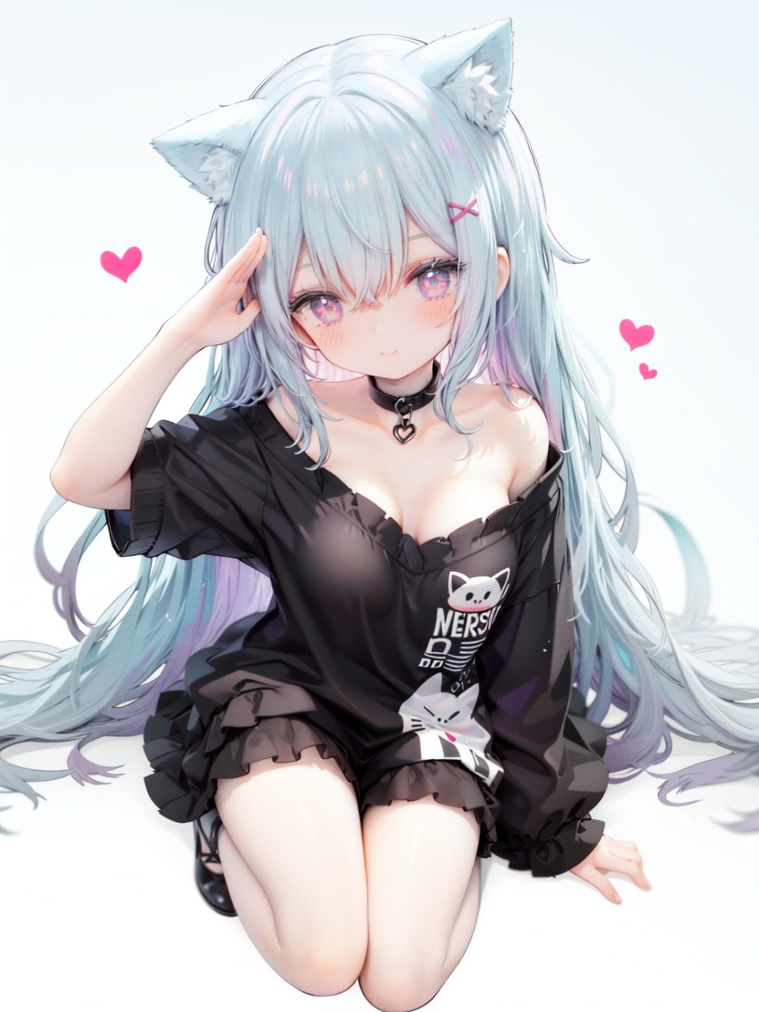 petite, loli, solo, animal ears, heart, puffy short sleeves, blue hair, long hair, off shoulder, bangs, hair ornament, gradient background,rainbow gradient, x hair ornament, animal ear fluff, looking at viewer, very long hair, blush, smile, cat ears, bare shoulders, collarbone, hand up, gradient sweater, hair between eyes, symbol-shaped pupils, arm up, heart-shaped pupils, hairclip, medium breasts, salute, bare legs,full body