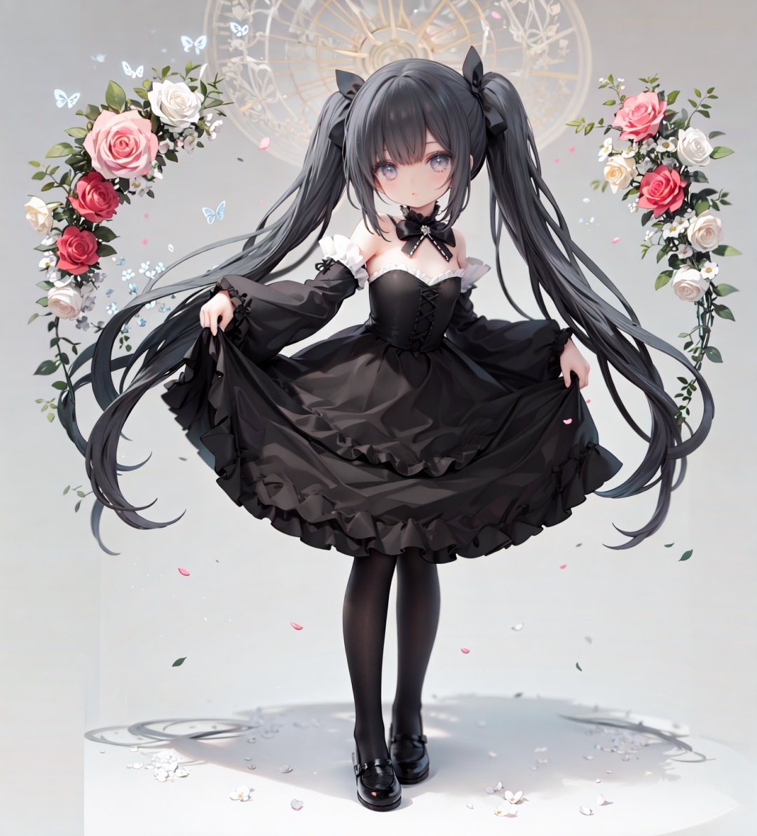 masterpiece, ((best quality)),  dynamic angle, chromatic aberration, ((colorful)),1girl, solo, black hair, long hair, dress, butterfly, bug, twintails, black footwear, lolita fashion, very long hair, pantyhose, black dress, long sleeves, bow, full body, bangs, flower, puffy sleeves, standing on one leg, shoes, white pantyhose, hair bow, looking at viewer, grey eyes, frills, standing, gothic lolita, blush, juliet sleeves, black bow, frilled dress, white flower, rose, closed mouth, skirt hold, petals, wide sleeves, mary janes, white rose