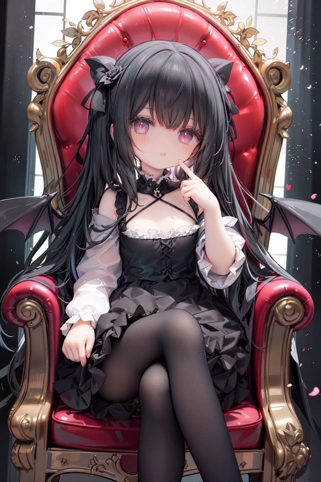 masterpiece, ((best quality)), (ultra-detailed), (illustration), an extremely delicate and beautiful girl, dynamic angle, chromatic aberration, ((colorful)),//,1girls,loli,(petite child:1.1),//,(in Gothic castle),girl with black hair,red eyes,Vertical pupil,long hair,hair arrangement,(Detailed face description),(batwing),(Gothic Lolita),(bat tail),alccandlestick,Cathedral glass,,short skirt,black pantyhose,red lace,high heels,rose tattoo,throne,sitting,crossed legs,//,