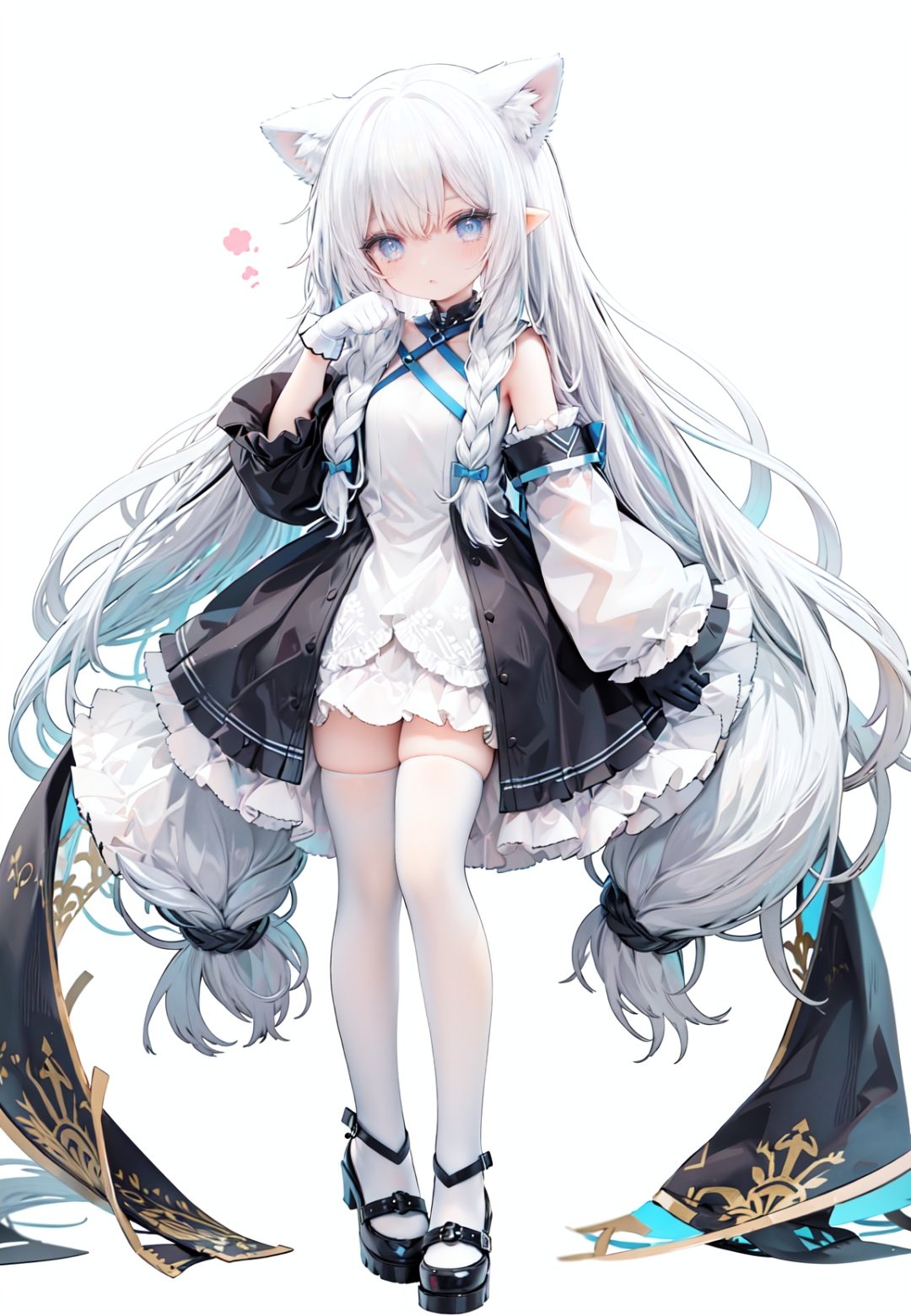 1girl, white_gloves, braid, full_body, gloves, long_hair, official_alternate_costume, pointy_ears, simple_background, solo, standing, very_long_hair, white_background,white hair,blue eyes,paw claw pose, open_mouth,