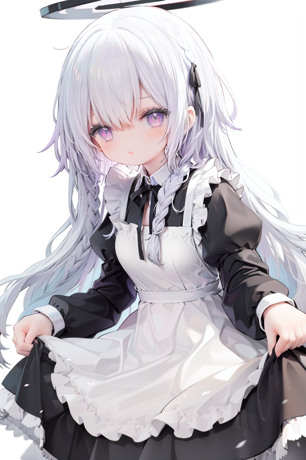 1girl,  solo,  apron,  long hair,  hair over one eye,  white background,  frills,  braid,  halo,  long sleeves,  dress,  simple background,  white hair,  white apron,  puffy sleeves,  very long hair,  frilled apron,  maid,  purple eyes,  ribbon,  parted lips,  maid apron,  bangs,  juliet sleeves,  black dress,  neck ribbon,  looking at viewer,  single braid,  blush