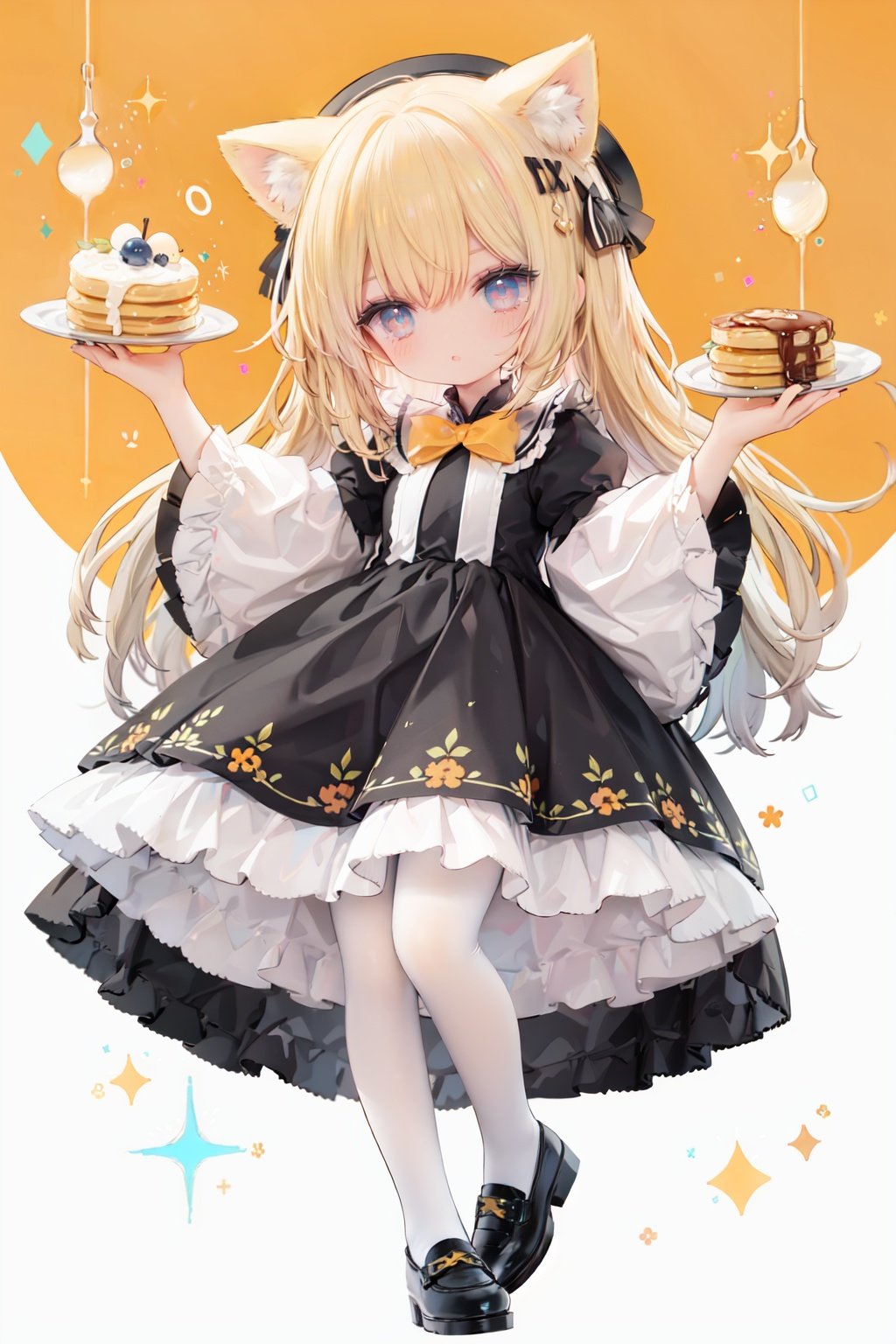 (cinematic lighting),  dreamy atmosphere,  Ray tracing,  (((solo))),  (loli:1.5),  (child:1.5),  (petite:1.5),  green eyes,  (animal ears),  dress,  solo,  food,  blonde hair,  open mouth,  long hair,  pancake,  flower,  holding,  bow,  smile,  fork,  bird,  socks,  looking at viewer,  shoes,  striped background,  holding fork,  bonnet,  striped,  frills,  long sleeves,  :d,  yellow dress,  bangs,  eyebrows visible through hair,  blush,  green nails,  hair bow,  nail polish,  diagonal stripes,  chick,  sparkle,  frilled dress,  orange bow,  fruit,  full body,  :3,  hair between eyes,  green bow,  puffy sleeves,  heart,  lemon,  orange footwear,  animal ear fluff,  white bow,  cat ears,  bobby socks,  orange headwear,  see-through sleeves,  blue background,  striped bow,  hair ornament,  white legwear,  mary janes