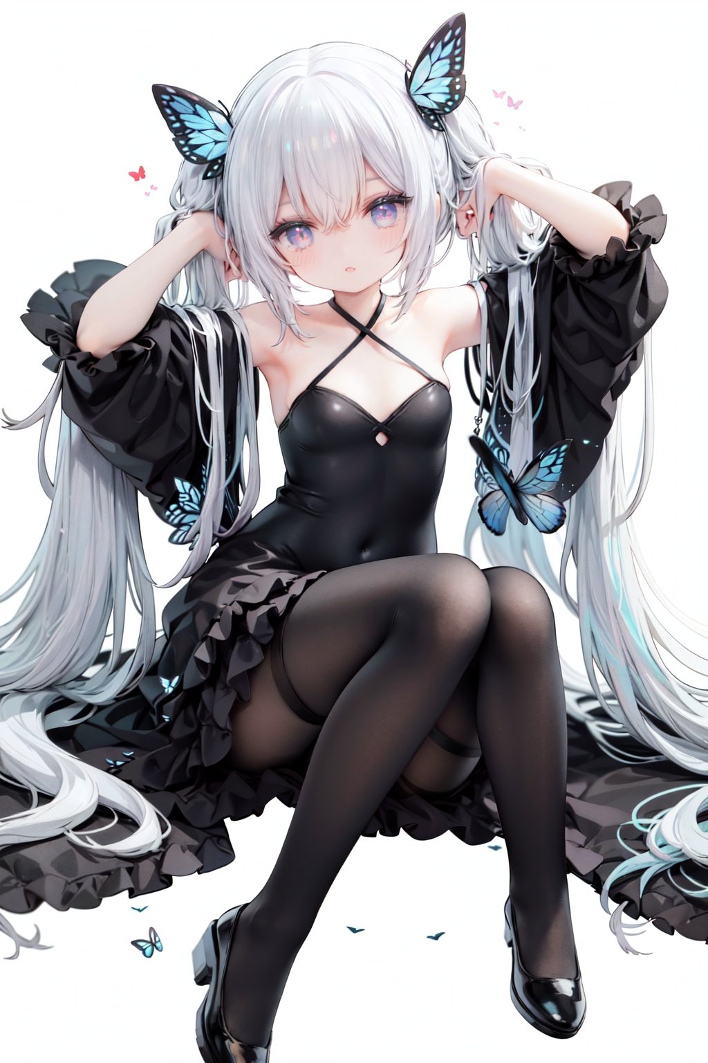 masterpiece, ((best quality)),  dynamic angle, chromatic aberration, ((colorful)),1girl, long hair, solo, very long hair, butterfly, pantyhose, bug, thigh strap, black dress, dress, looking at viewer, white hair, black footwear, blue butterfly, blue eyes, long sleeves, breasts, twintails, detached sleeves, absurdly long hair, bangs, full body, hair ornament, wide sleeves, brown pantyhose, blush, sitting, white background, butterfly hair ornament, small breasts, closed mouth, shoes, purple eyes, black pantyhose, hair between eyes, arms up, covered navel