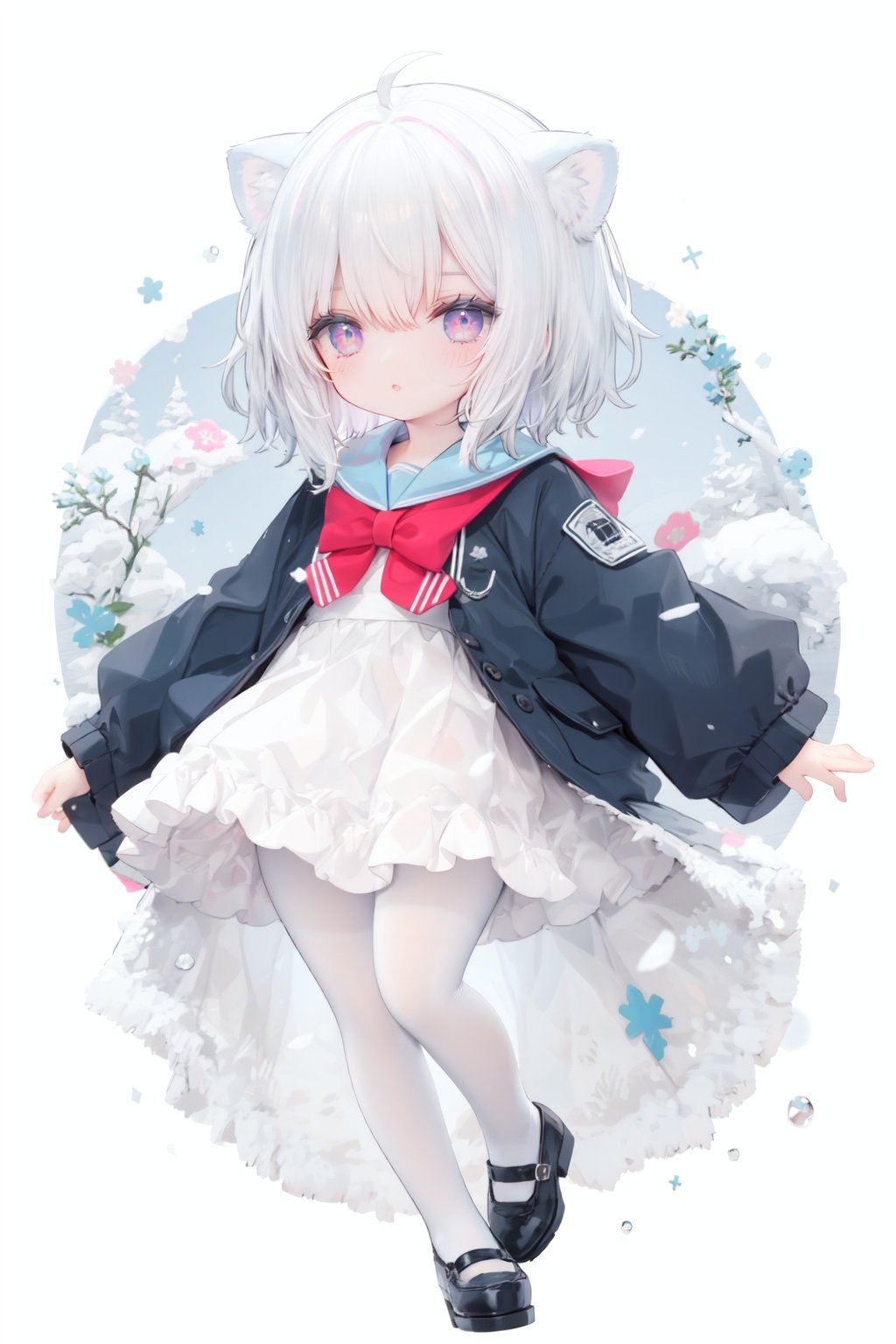 cute,Infant,solo blue shirt,blue sailor coat,loli,full body,white hair,snow leopard ear,white background,pink eyes,laugh,happy,white pantihose,white pantyhose,red armband,