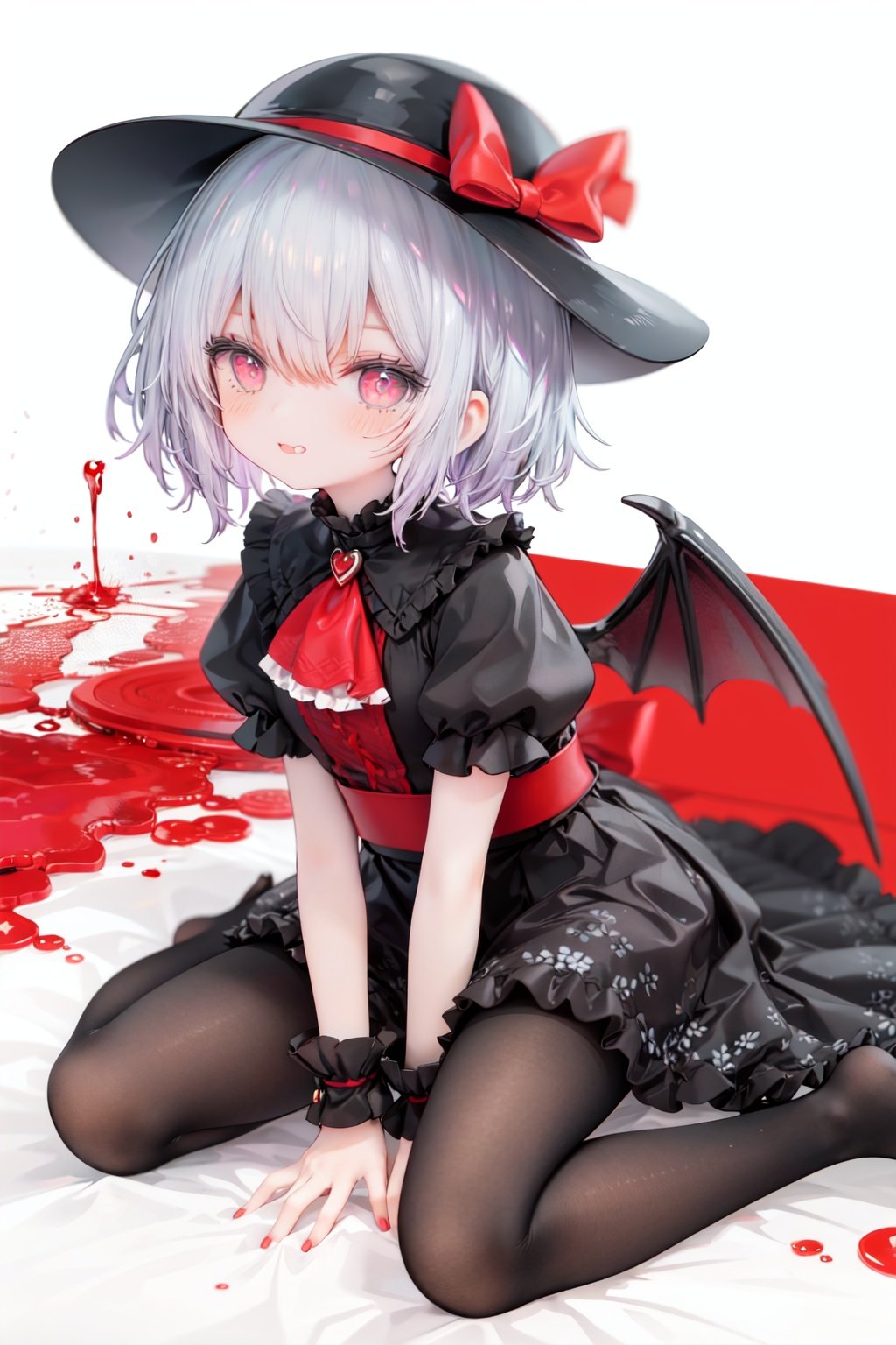 (little girl:1.4), (child:1.4),(petite:1.4), (loli:1.4),,,((solo:1.3)).,1girl, solo, wings, red eyes, hat, remilia scarlet, red background, mob cap, bat wings, ascot, blood, short sleeves, bow, short hair, ribbon, blood on hands, looking at viewer, simple background, full body, puffy sleeves, hat ribbon, blood on face, dress, brooch, red nails, pantyhose, red bow, puffy short sleeves, smile, black pantyhose, wrist cuffs, red ribbon, sitting, jewelry, red ascot, frills, hair between eyes, skirt, white dress, fingernails, sash, shirt, nail polish, no shoes, red theme, sharp fingernails, bangs, tongue, hat bow, grey hair, closed mouth, tongue out, white headwear, slit pupils, blood on clothes, skirt set, hand up, frilled sleeves, invisible chair, white skirt, vampire, frilled shirt collar/.,\nSolo,Battle, {{{{{Slash}}}}},Killing,Attacker,{{Fierce movement}},Ninja,Bloodstain,Core shadow,splatter,{Blood},{{{{Battle scene}}}},angry,Intricate,,{{{Dynamic angle}}},{Stylish pose},{High contrast,Extremely detailed CG unity 8K wallpaper} Sense of movement,blurry background,Kaotic,Lunatic,[[[[[hyper paint, rough design, flat color]]]]],Grin,Whole body,Colorful background,Intricate,Girl wearing black suit,Looking at viewers,{{Stylish}},Persona 5 style art,{{{all out attack(persona 5)}}}