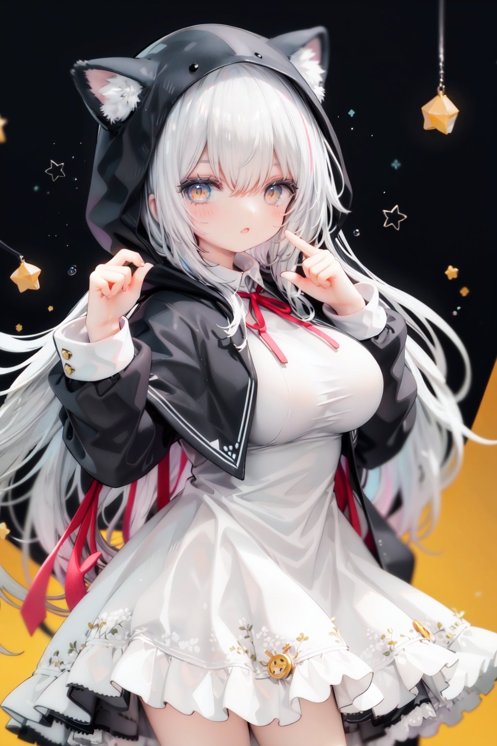 masterpiece, ((best quality)),  dynamic angle, chromatic aberration, ((colorful)),1girl, solo, hood, animal hood, breasts, frills, smile, hood up, yellow eyes, capelet, hair between eyes, blush, dress, long sleeves, looking at viewer, animal ears, large breasts, black ribbon, bangs, puffy long sleeves, :d, frilled dress, hand up, open mouth, white dress, puffy sleeves, hooded capelet, virtual youtuber, frilled capelet, fang, white capelet, star (symbol)