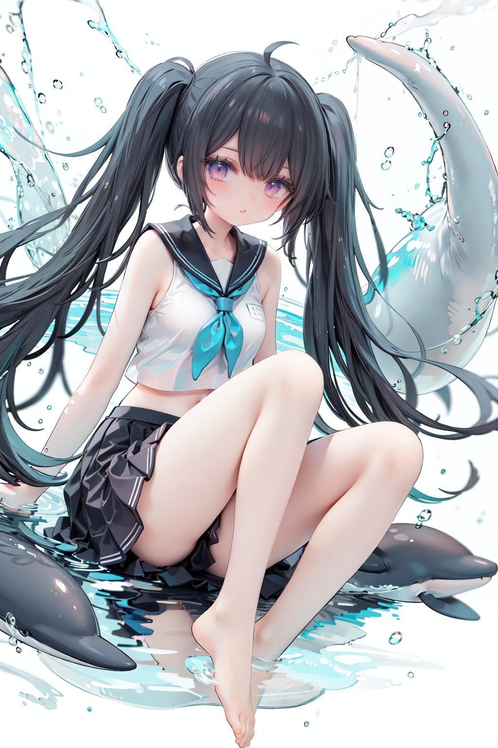 masterpiece, ((best quality)), (ultra-detailed), (illustration), an extremely delicate and beautiful, dynamic angle, chromatic aberration,((Medium shot)), ((colorful)),1girl, long hair, solo, skirt, black hair, barefoot, very long hair, black skirt, school uniform, shirt, white shirt, serafuku, looking at viewer, pleated skirt, bare legs, sitting, neckerchief, floating hair, navel, midriff, sailor collar, crop top, purple eyes, bangs, sleeveless, water, closed mouth, whale, full body, dolphin, twintails, reflection, black sailor collar, miniskirt