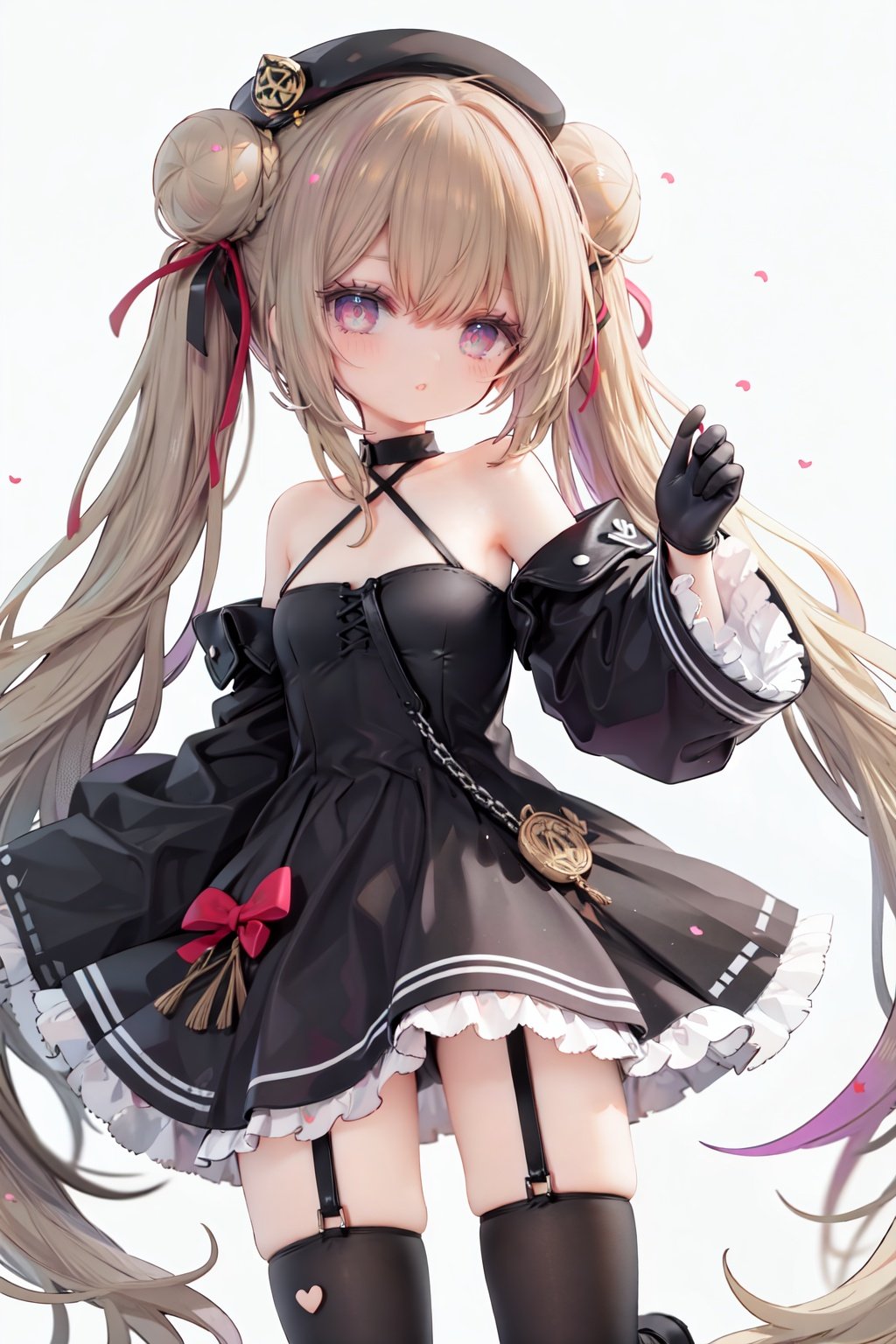 1girl, dress, double bun, hair bun, long hair, black dress, twintails, looking at viewer, smile, hat, bangs, brown hair, white background, solo, open mouth, blush, black headwear, very long hair, garter straps, thighhighs, bare shoulders, beret, :d, ribbon, black gloves, simple background, long sleeves, nail polish, black footwear, red ribbon, bow, gloves, wide sleeves, animal, hair ribbon, boots, red nails, sheath, sheathed, hair between eyes