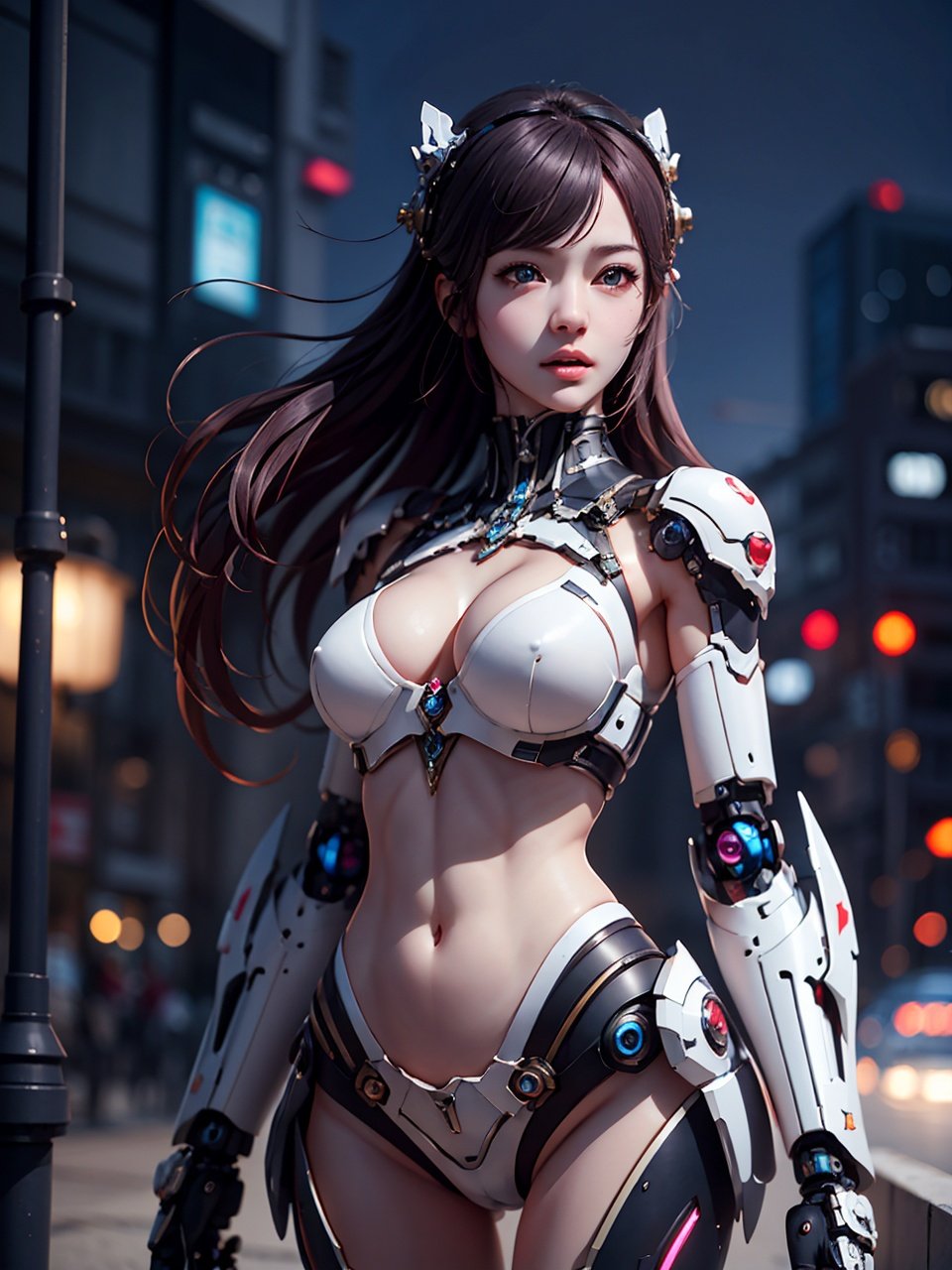 (best quality, masterpiece:1.2),ultra detailed,(photo realistic:1.4),mecha_girl_figure,<lora:MechaGirlFigure_v2:0.6>,cyberpunk,night city,