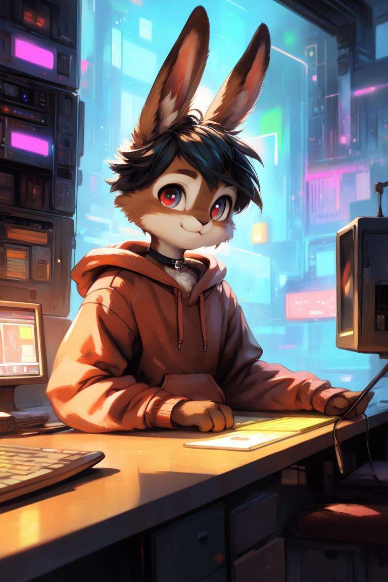 by kenket, by totesfleisch8, (by thebigslick, by silverfox5213:0.8), (by syuro:0.2), (by qupostuv35:1.2), (hi res), ((masterpiece)) , ((best quality)), illustration, furry, bunny, animal ears, body fur, 1boy, solo, black hair, *//*, blue left eye/ red right eye, *//*, looking at viewer, smile, bunny boy, (((androgynous))), young adult, room and city, (((night, RGB lights, warm colors, lofi))), ((room with computers)), screen lights, toned body, choker, chill pose, hoodie and jeans, tomboy clothes, femboy clothes, lofi 8bits, furry anthropomorphic rabbit, furry rabbit nose, ((light-brown fur)), FurryCore,  <lora:FurryCoreV2New-07:0.9>