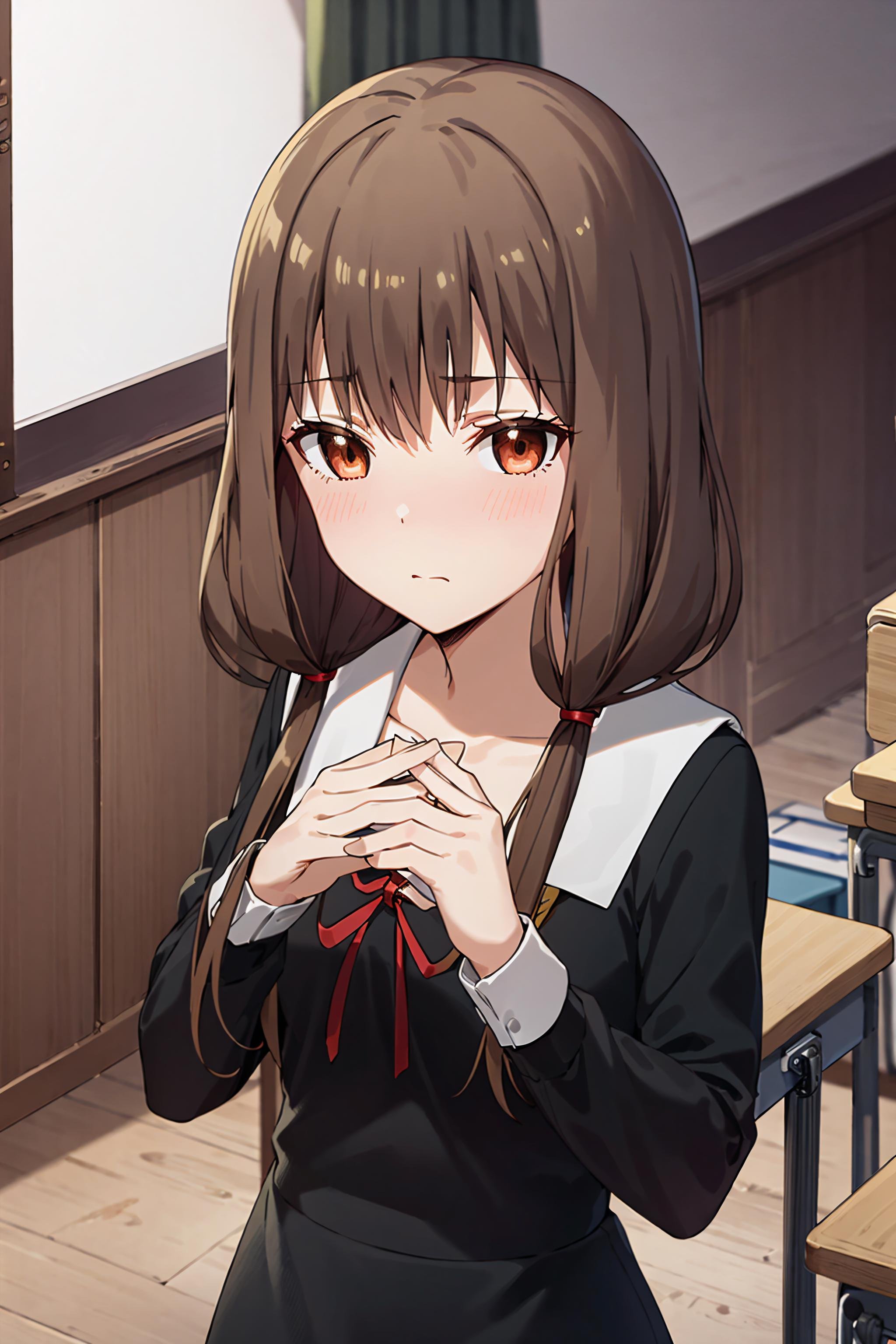 best quality, (masterpiece:1.2), detailed,<lora:chara_Kaguya-samaWaKokurasetai_IinoMiko_v1:0.8>,1girl, solo, closed mouth, light blush,brown hair, brown eyes, long hair, twintails,school uniform, black dress, red ribbon,standing, crossed hands, looking at the viewer,classroom