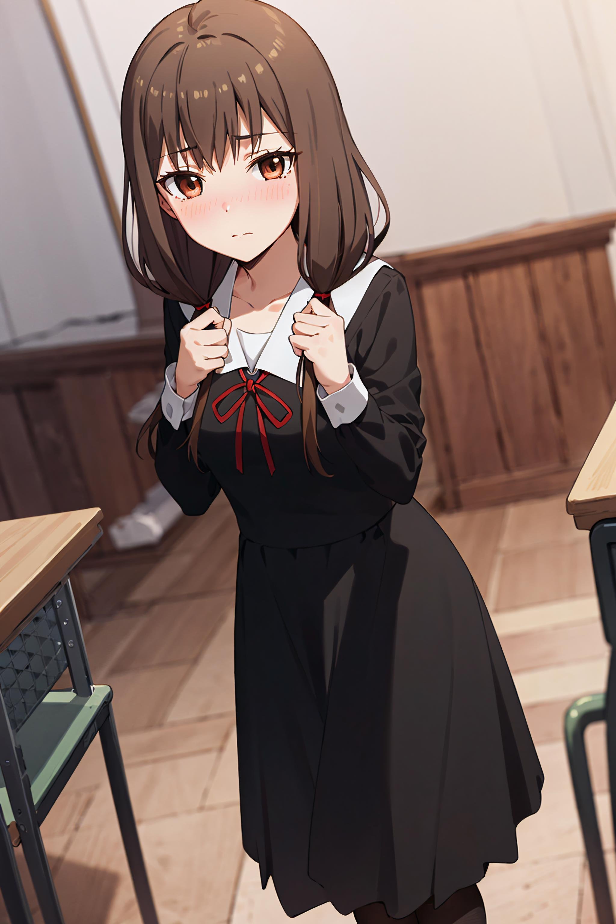 best quality, (masterpiece:1.2), detailed,<lora:chara_Kaguya-samaWaKokurasetai_IinoMiko_v1:0.8>,1girl, solo, closed mouth, light blush,brown hair, brown eyes, long hair, twintails,school uniform, black dress, red ribbon,standing, hands together, looking at the viewer,classroom