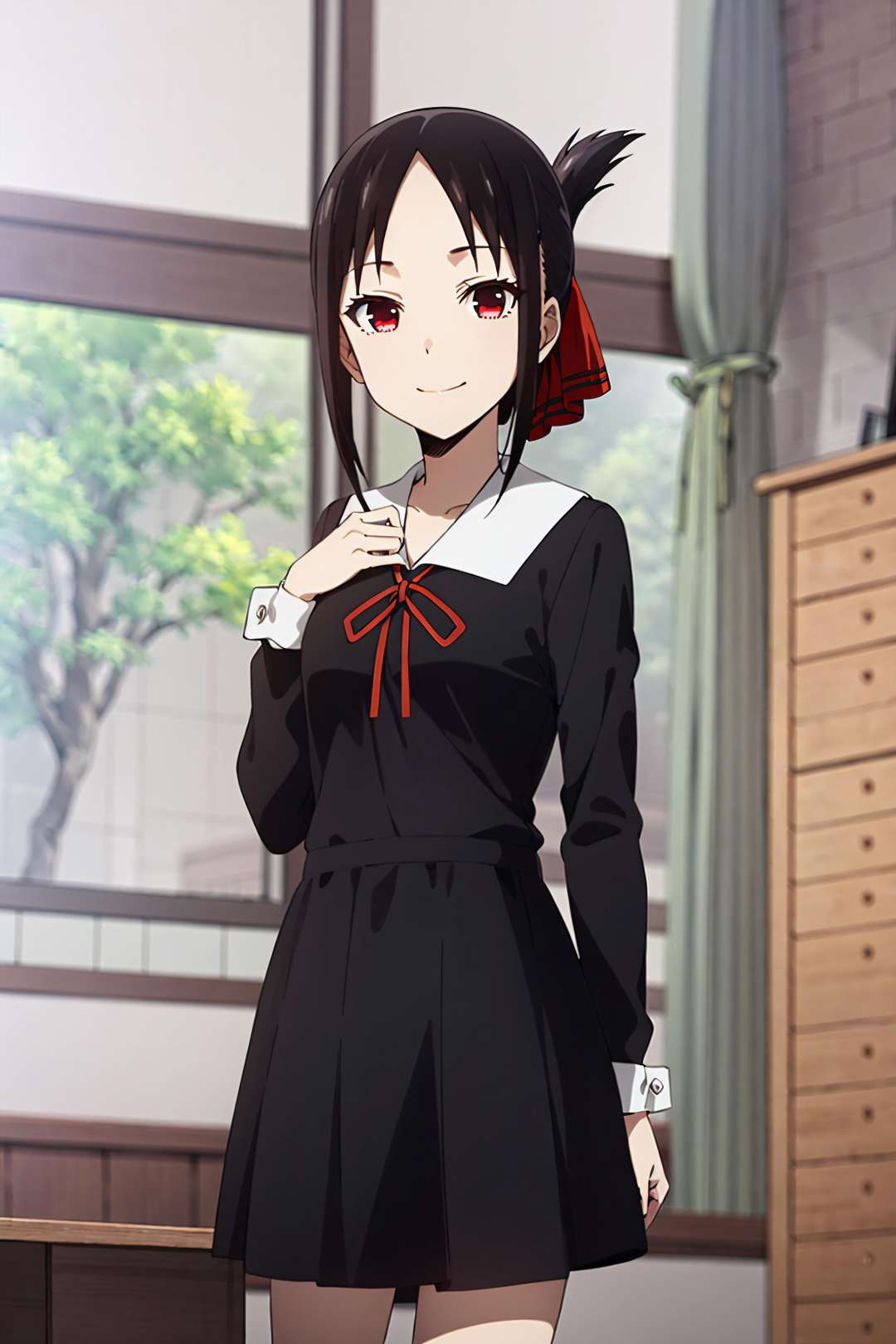 best quality, (masterpiece:1.2), detailed,<lora:chara_Kaguya-samaWaKokurasetai_ShinomiyaKaguya_v1:0.8>, shinomiya kaguya,1girl, solo, closed mouth, light smile,black hair, red eyes, short hair, folded ponytail, hair ribbon,school uniform, black dress, long sleeves, red ribbon,standing, looking at the viewer,classroom