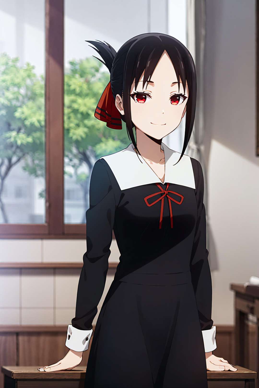 best quality, (masterpiece:1.2), detailed,<lora:chara_Kaguya-samaWaKokurasetai_ShinomiyaKaguya_v1:0.8>, shinomiya kaguya,1girl, solo, closed mouth, light smile,black hair, red eyes, short hair, folded ponytail, hair ribbon,school uniform, black dress, long sleeves, red ribbon,standing, looking at the viewer,classroom