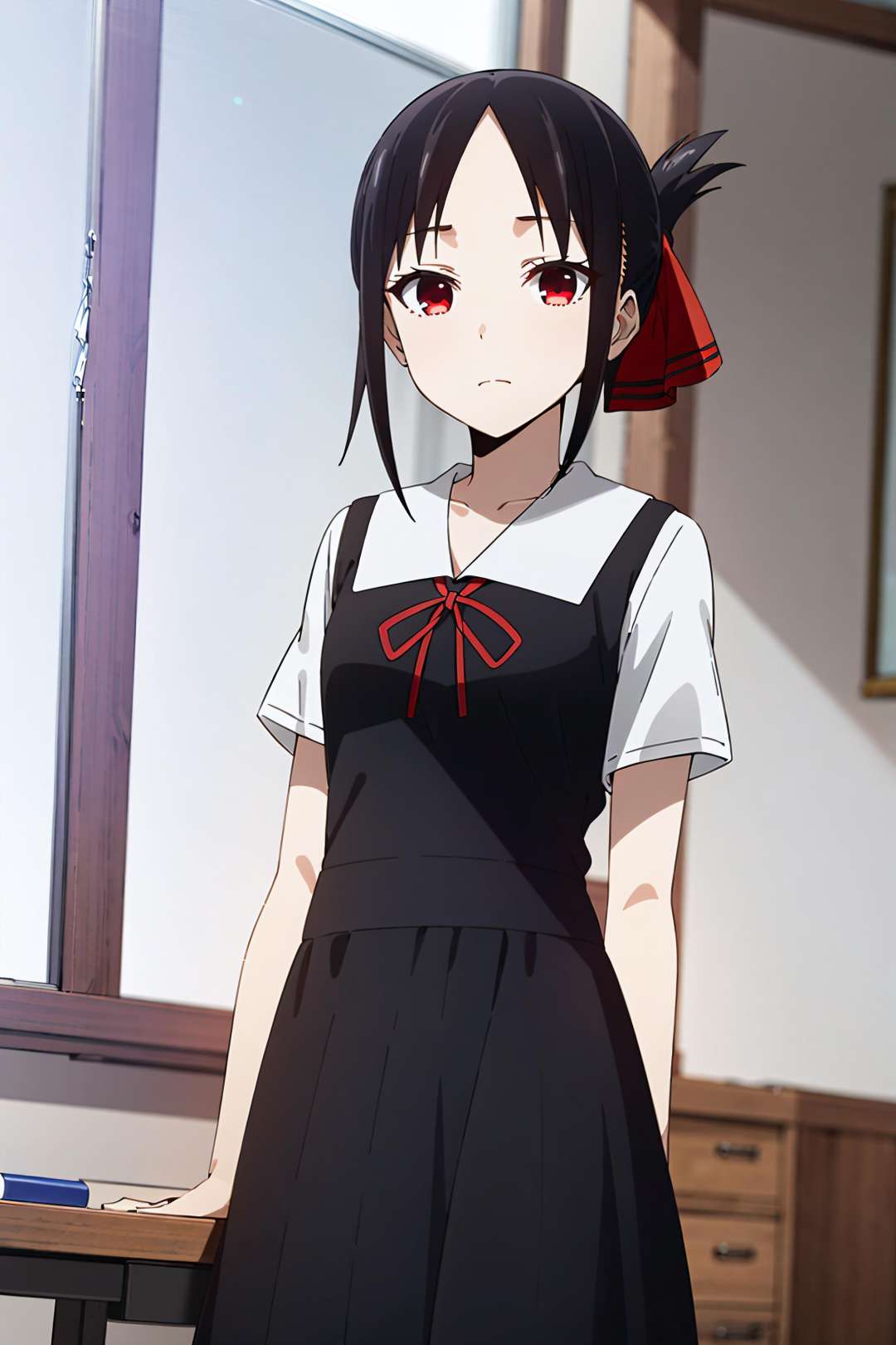 best quality, (masterpiece:1.2), detailed,<lora:chara_Kaguya-samaWaKokurasetai_ShinomiyaKaguya_v1:0.8>, shinomiya kaguya,1girl, solo, closed mouth,black hair, red eyes, short hair, folded ponytail, hair ribbon,(summer uniform:1.2), short sleeves, black dress, red ribbon, white shirt, white sleeves,standing, looking at the viewer,classroom