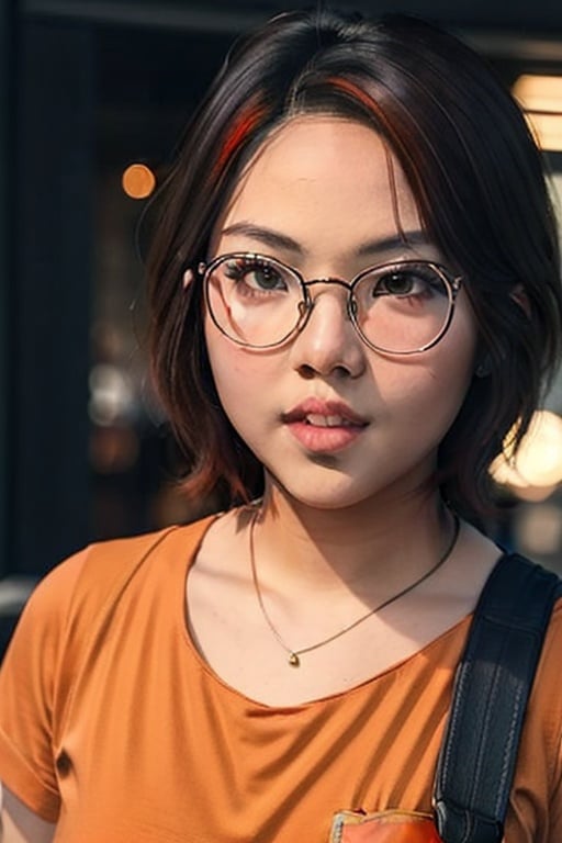 Ajmrxyz, from the top,  short curly orange hair, asian, woman, 18 yo, rounder cheeks, black rimmed eyeglasses, medium breast, slim, small orange shirt,  dynamic lighting, 3 point light, Hires, photo-realistic, 8K, Hyper-realism, hyper detailed, fully detailed, shiny skin